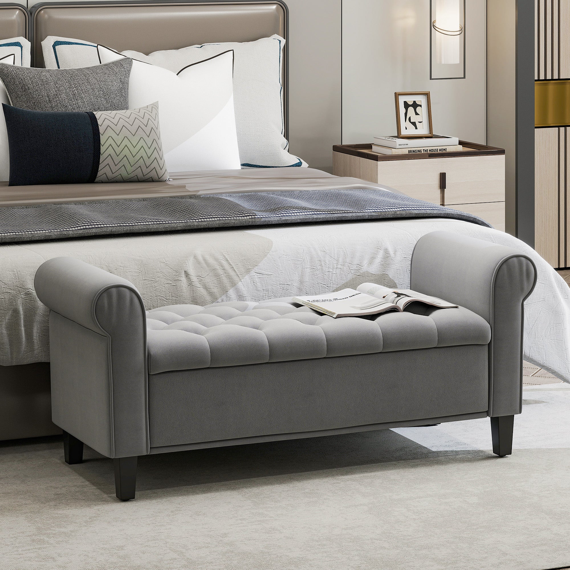 Banc de rangement bout de lit avec accoudoirs, coffre de rangement en tissu velours rembourré et capitonné, charge jusqu'à 220 kg, pour salon, chambre, entrée, 126 x 48,5 x 57 cm, gris - Image 3