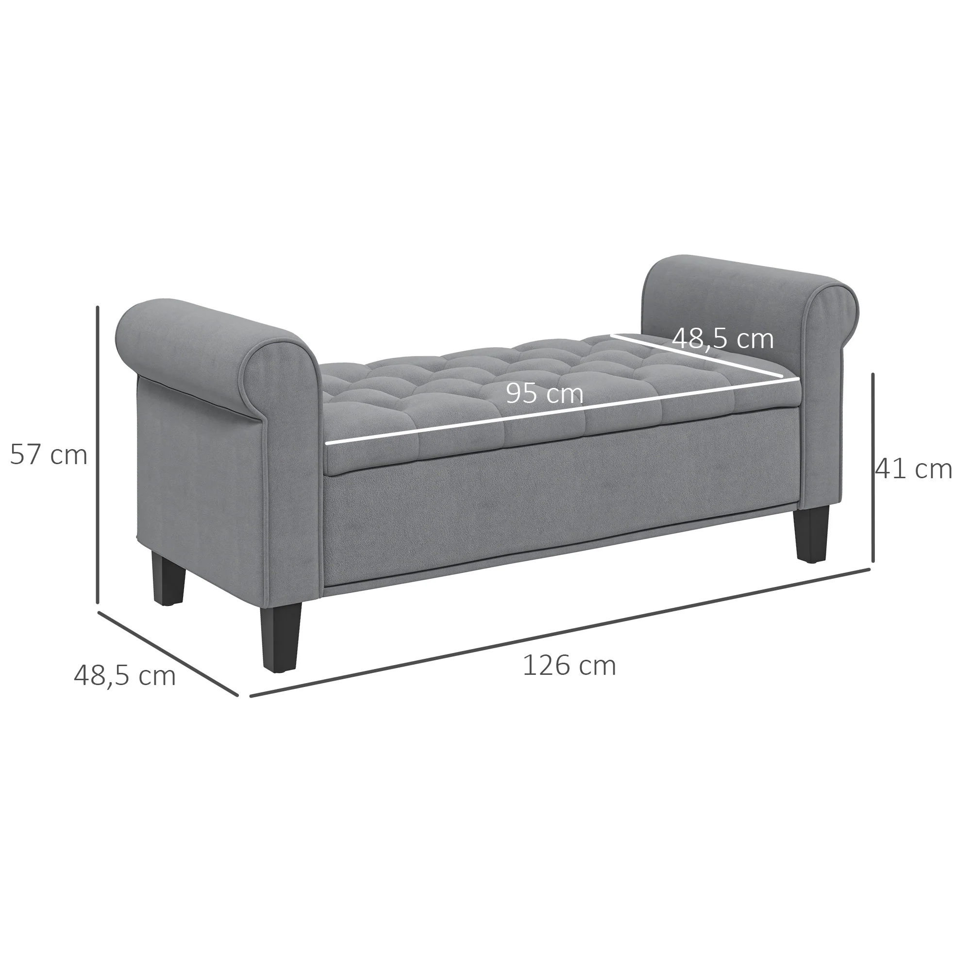 Banc de rangement bout de lit avec accoudoirs, coffre de rangement en tissu velours rembourré et capitonné, charge jusqu'à 220 kg, pour salon, chambre, entrée, 126 x 48,5 x 57 cm, gris - Image 4