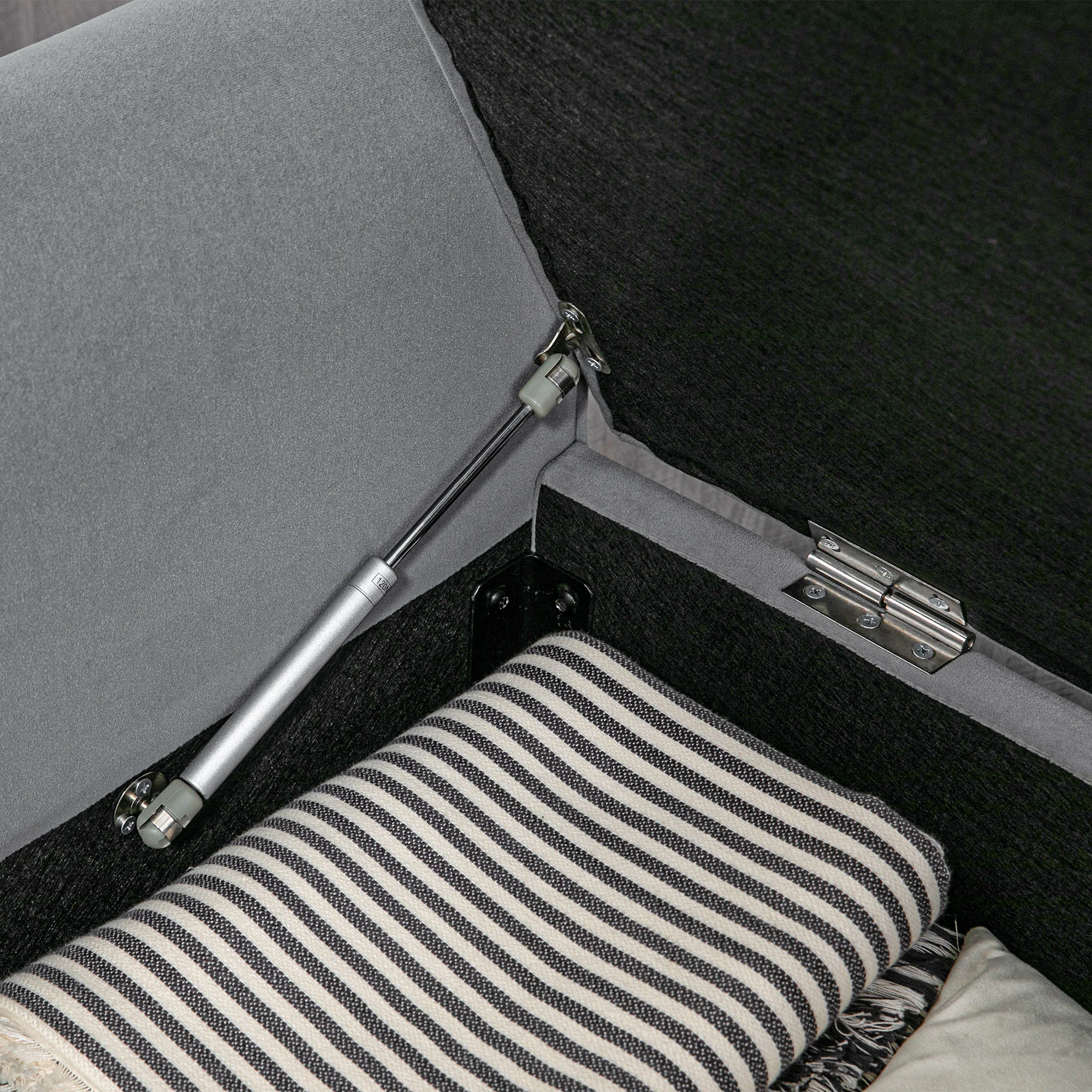 Banc de rangement bout de lit avec accoudoirs, coffre de rangement en tissu velours rembourré et capitonné, charge jusqu'à 220 kg, pour salon, chambre, entrée, 126 x 48,5 x 57 cm, gris - Image 9