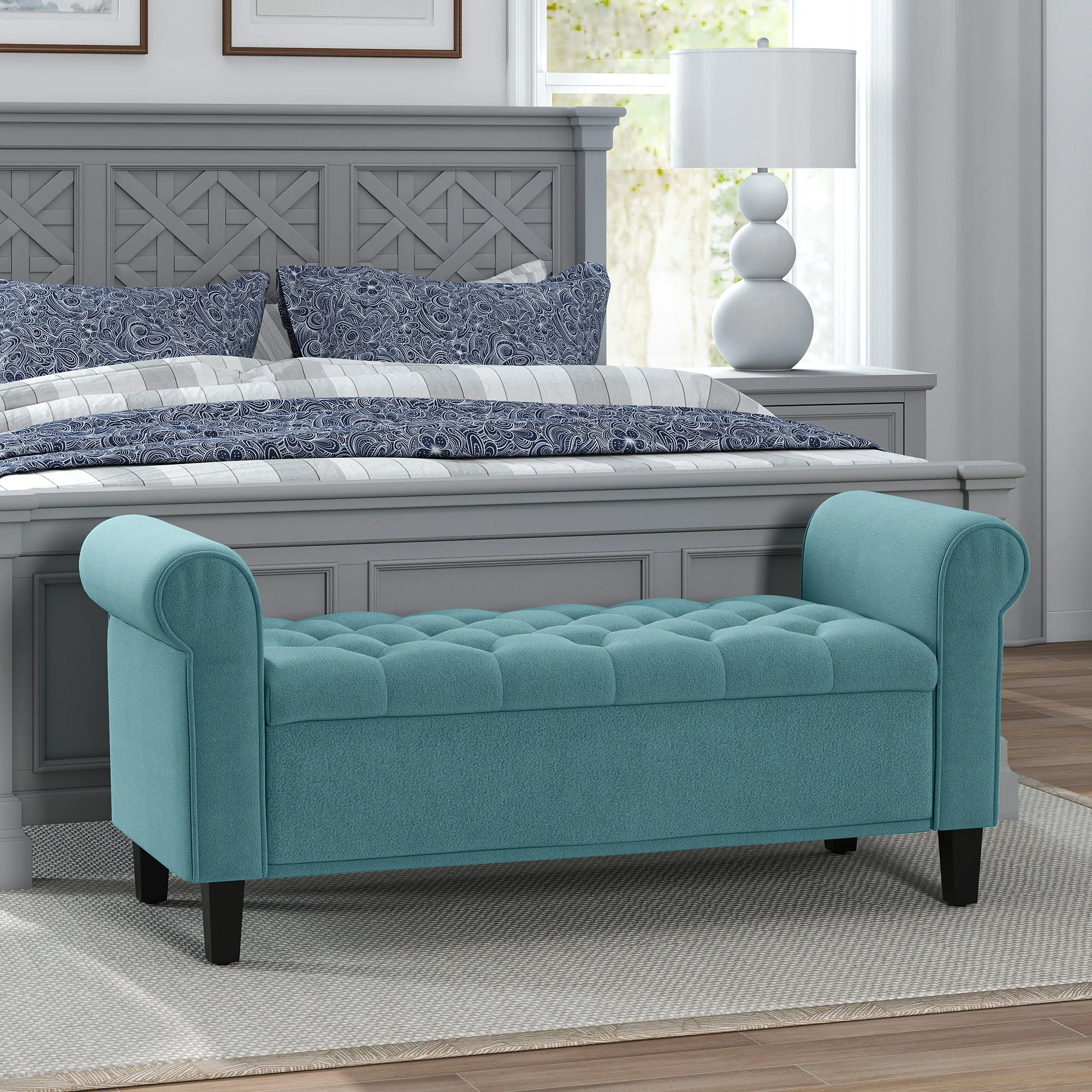 Banc de rangement bout de lit avec accoudoirs, coffre de rangement en tissu velours rembourré et capitonné, charge jusqu'à 220 kg, pour salon, chambre, entrée, 126 x 48,5 x 57 cm, vert - Image 3