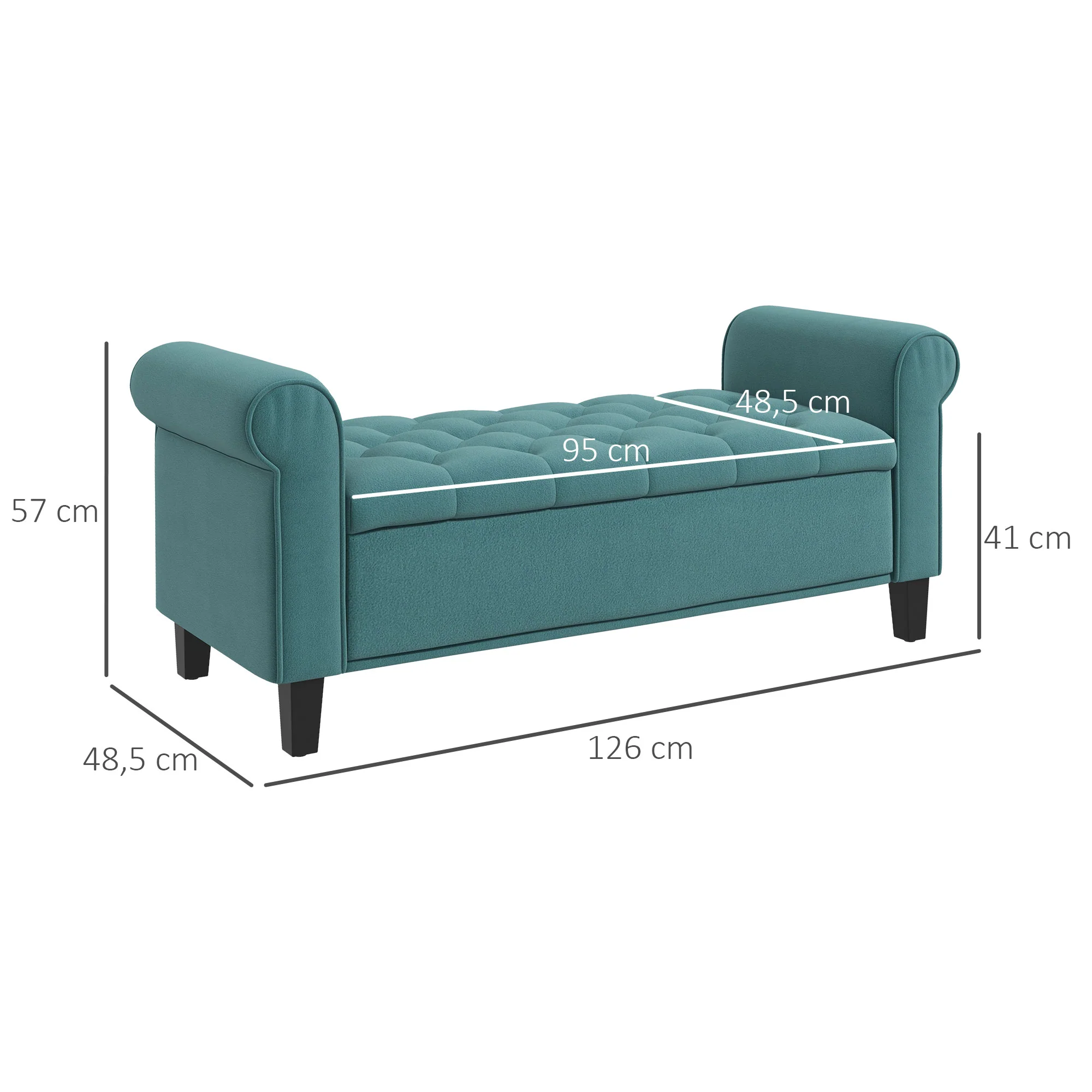 Banc de rangement bout de lit avec accoudoirs, coffre de rangement en tissu velours rembourré et capitonné, charge jusqu'à 220 kg, pour salon, chambre, entrée, 126 x 48,5 x 57 cm, vert - Image 4