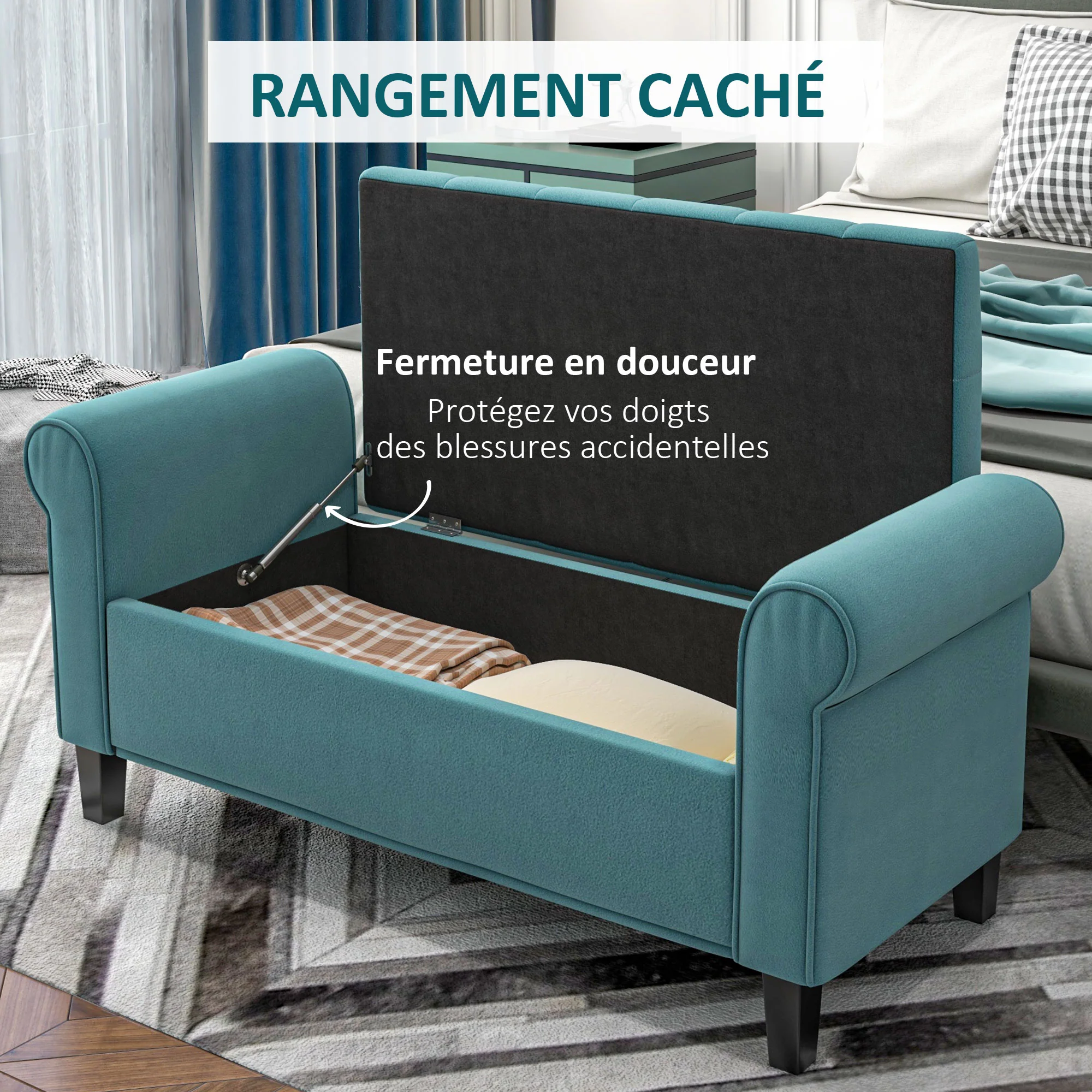 Banc de rangement bout de lit avec accoudoirs, coffre de rangement en tissu velours rembourré et capitonné, charge jusqu'à 220 kg, pour salon, chambre, entrée, 126 x 48,5 x 57 cm, vert - Image 5