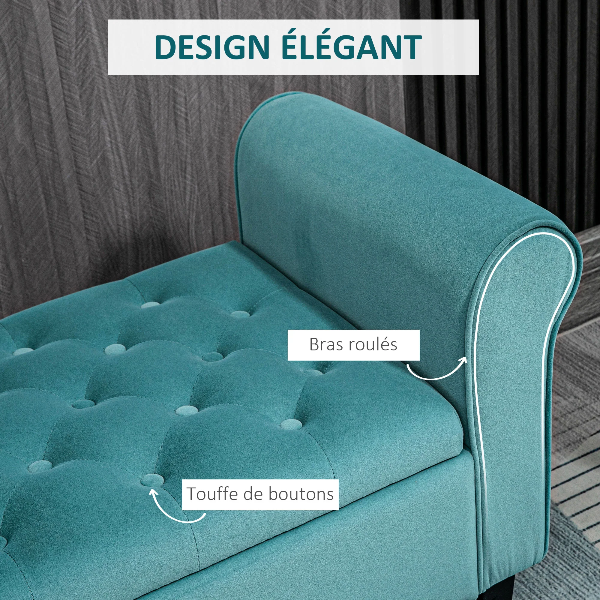 Banc de rangement bout de lit avec accoudoirs, coffre de rangement en tissu velours rembourré et capitonné, charge jusqu'à 220 kg, pour salon, chambre, entrée, 126 x 48,5 x 57 cm, vert - Image 7