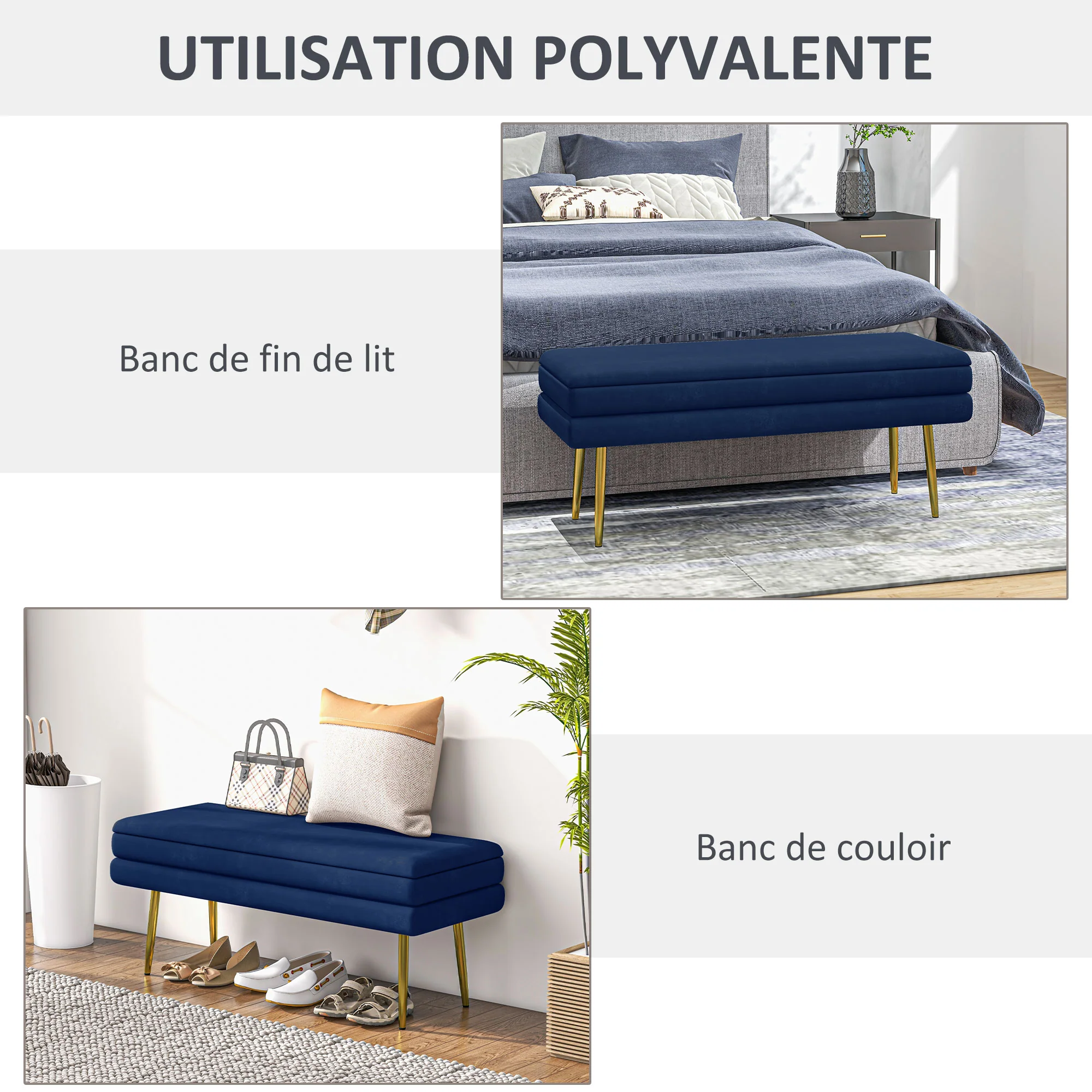 Banc de rangement, bout de lit, coffre de rangement avec assise aspect velours et pieds acier, 100 x 37,5 x 42 cm, bleu et doré - Image 7