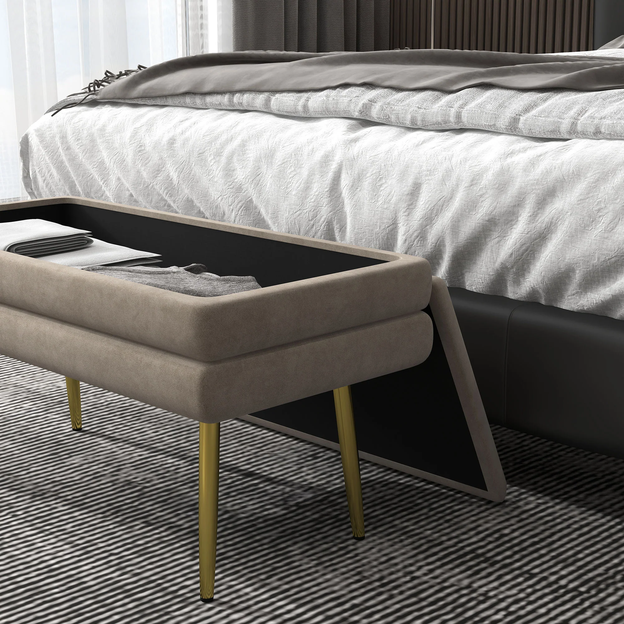 Banc de rangement, bout de lit, coffre de rangement avec assise aspect velours et pieds acier, 79,5 x 37,5 x 43 cm, beige et doré - Image 10