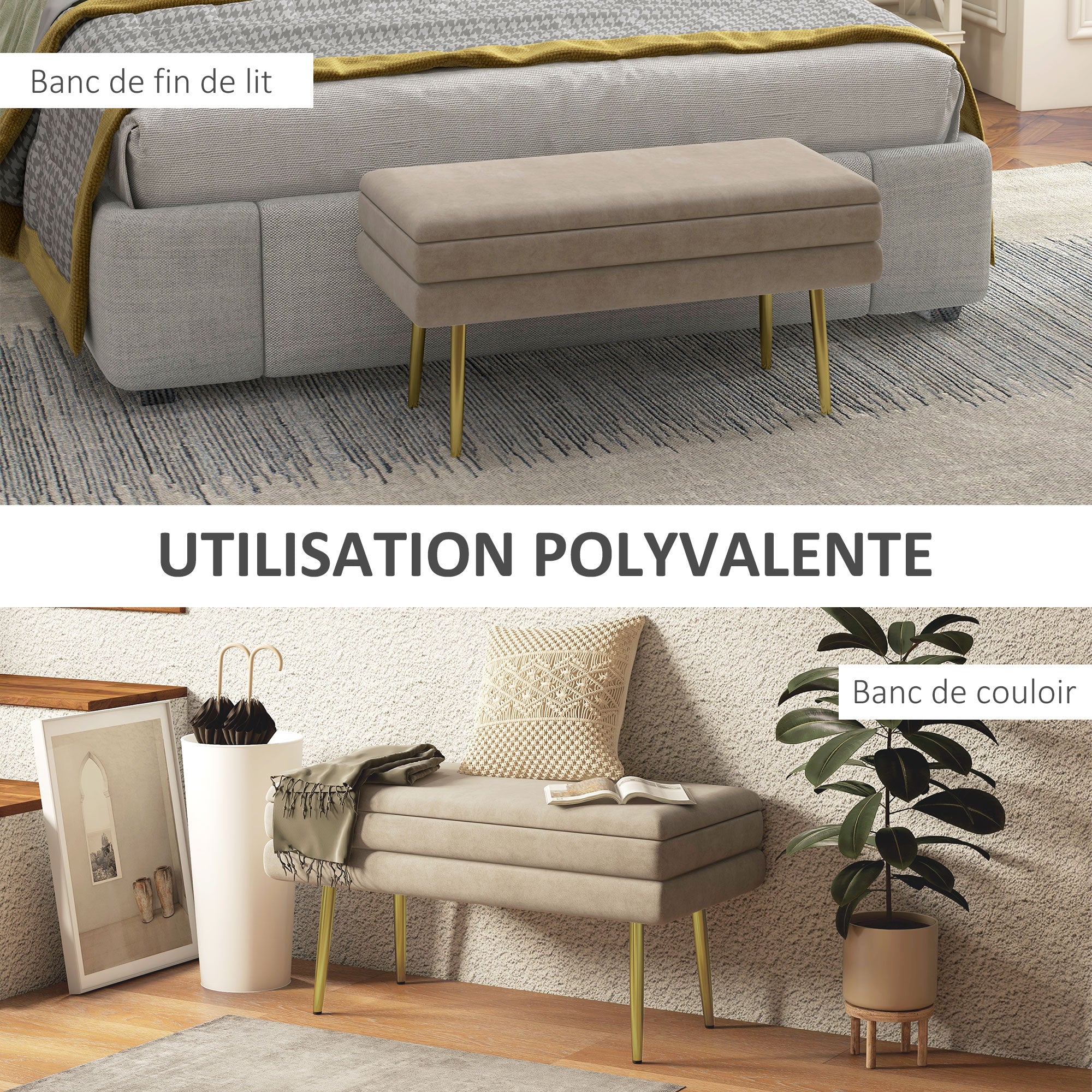 Banc de rangement, bout de lit, coffre de rangement avec assise aspect velours et pieds acier, 79,5 x 37,5 x 43 cm, beige et doré - Image 7
