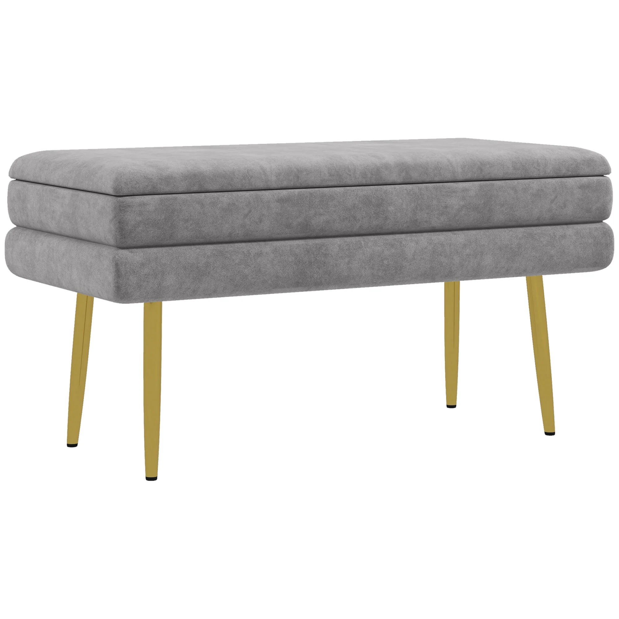 Banc de rangement, bout de lit, coffre de rangement avec assise aspect velours et pieds acier, 79,5 x 37,5 x 43 cm, gris et doré - Image 2