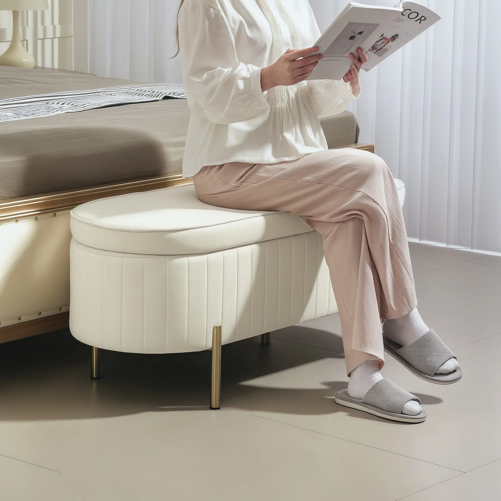 Banc de rangement, bout de lit en velours, coffre de rangement avec couvercle, pieds en métal, capacité 72 L, jusqu'à 220 kg, banquette pour salon, chambre, entrée, 108x44x43,5cm, crème - Image 9