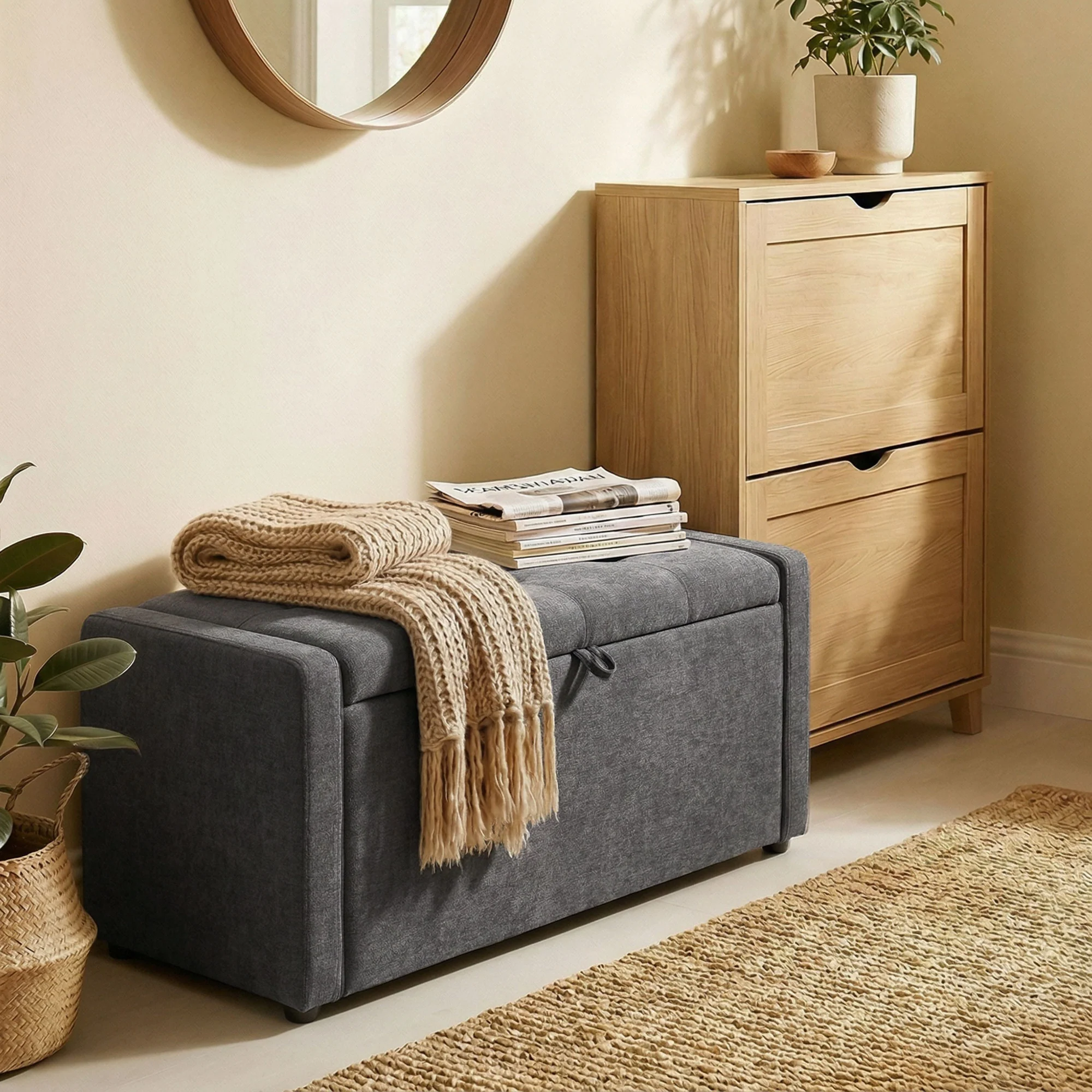 Banc de rangement, bout de lit, repose-pieds rembourré en lin avec assise large et confortable, coffre de rangement pour salon, chambre, entrée, 122 x 48 x 44 cm, gris foncé - Image 10