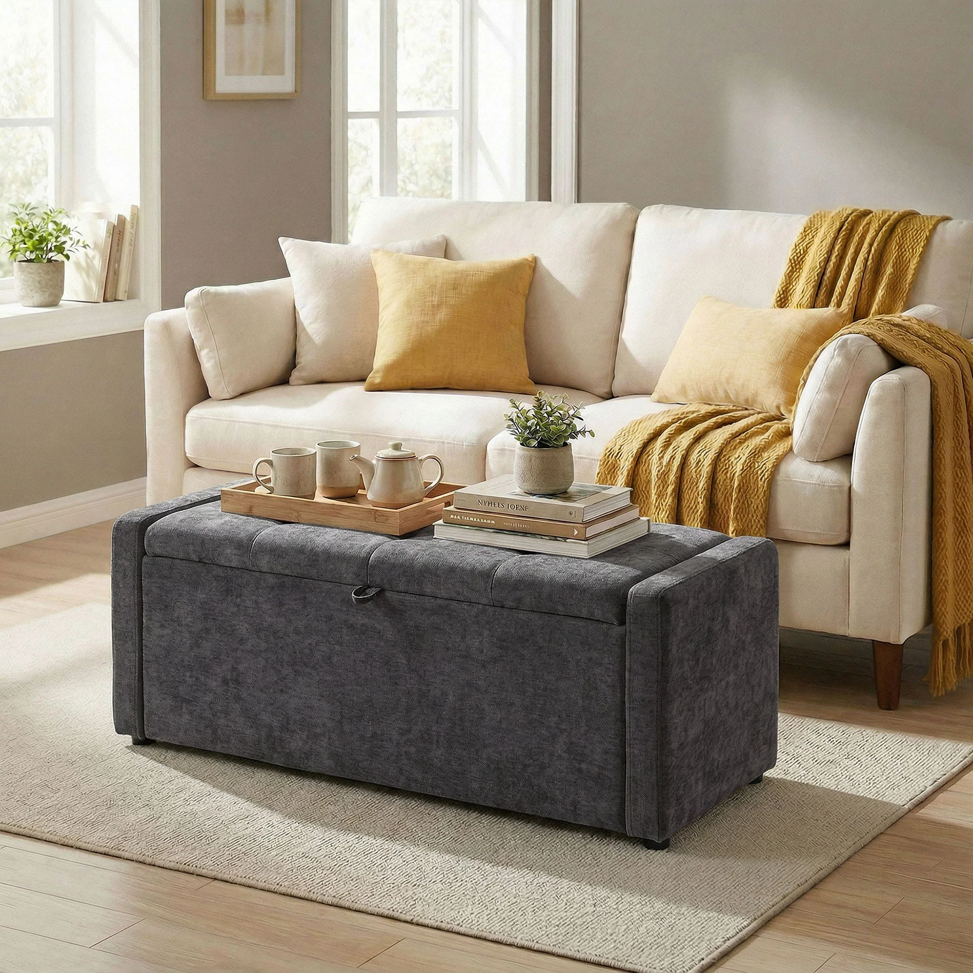 Banc de rangement, bout de lit, repose-pieds rembourré en lin avec assise large et confortable, coffre de rangement pour salon, chambre, entrée, 122 x 48 x 44 cm, gris foncé - Image 11
