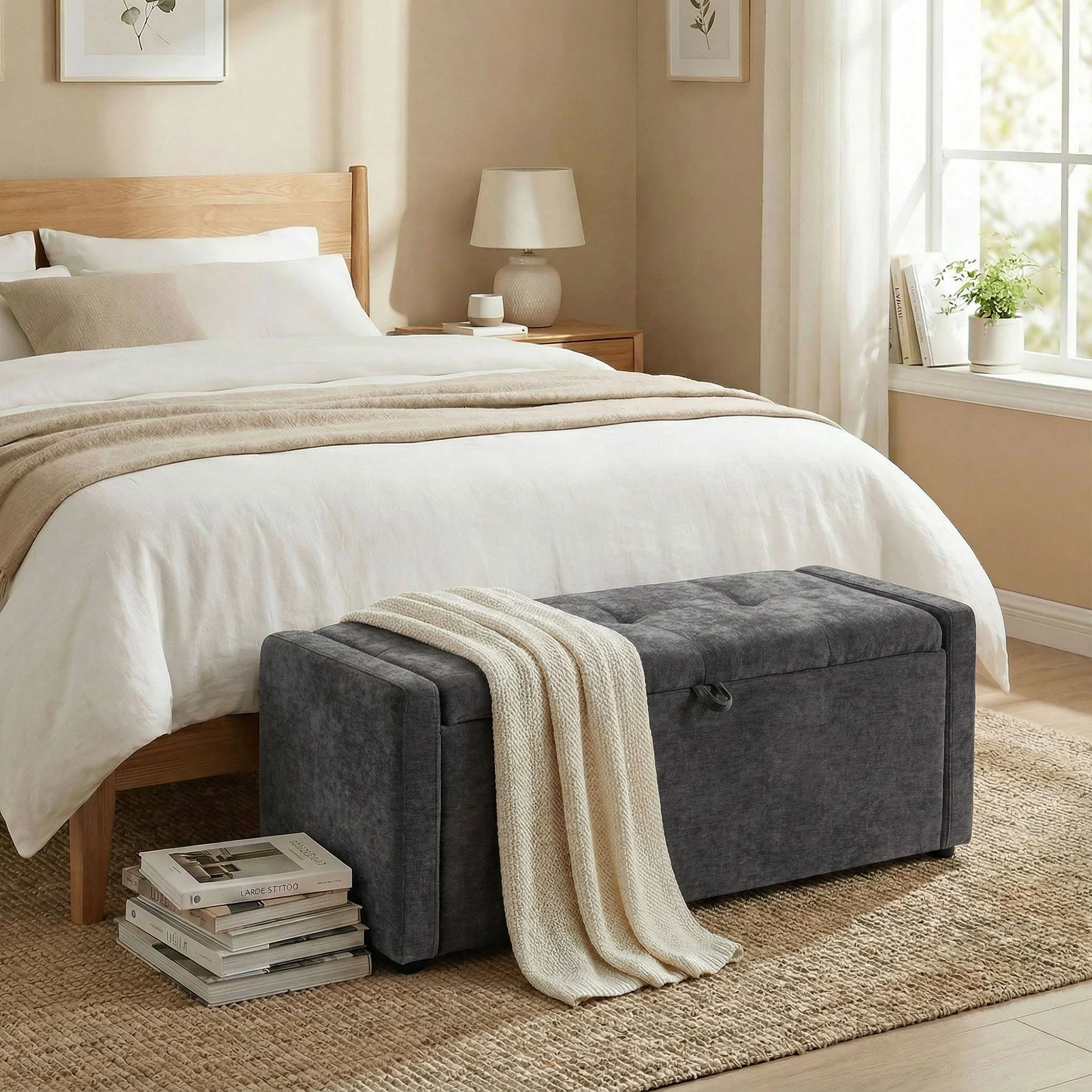 Banc de rangement, bout de lit, repose-pieds rembourré en lin avec assise large et confortable, coffre de rangement pour salon, chambre, entrée, 122 x 48 x 44 cm, gris foncé - Image 3