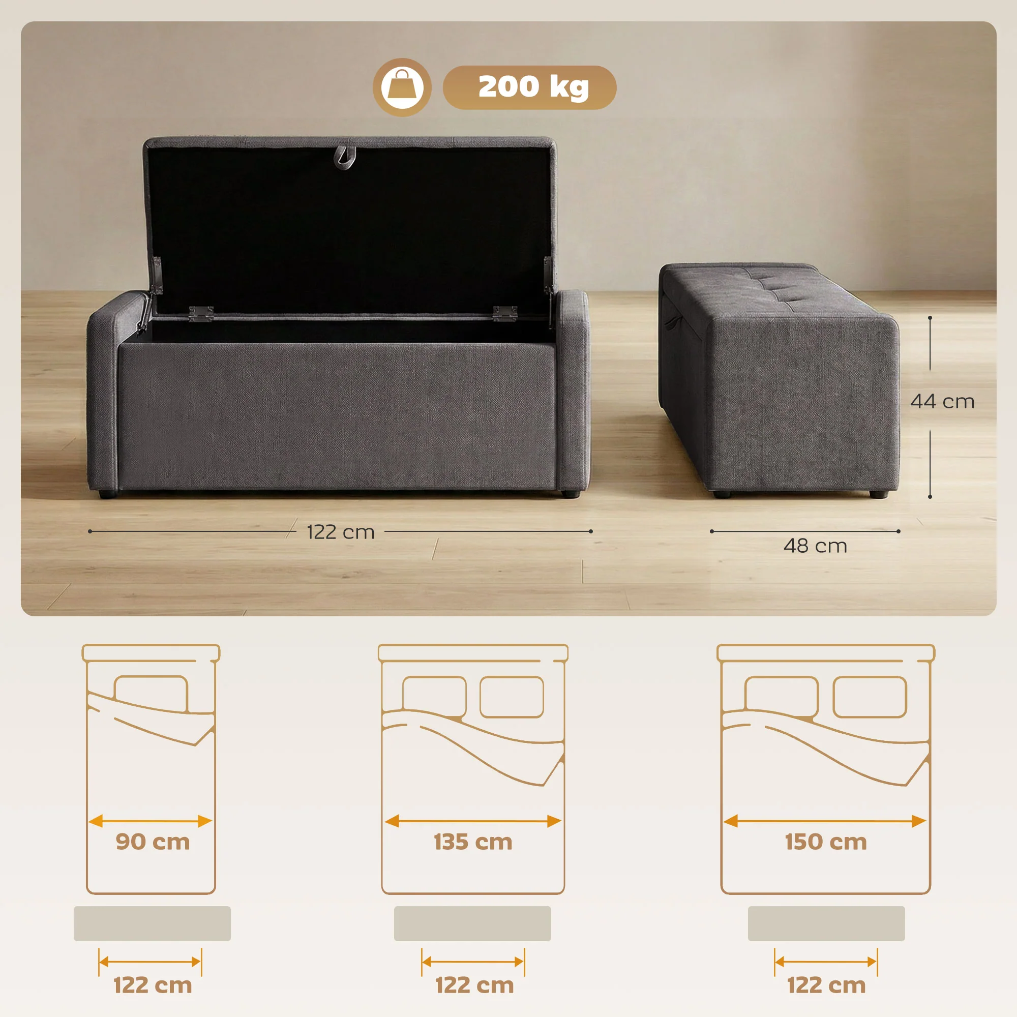 Banc de rangement, bout de lit, repose-pieds rembourré en lin avec assise large et confortable, coffre de rangement pour salon, chambre, entrée, 122 x 48 x 44 cm, gris foncé - Image 4