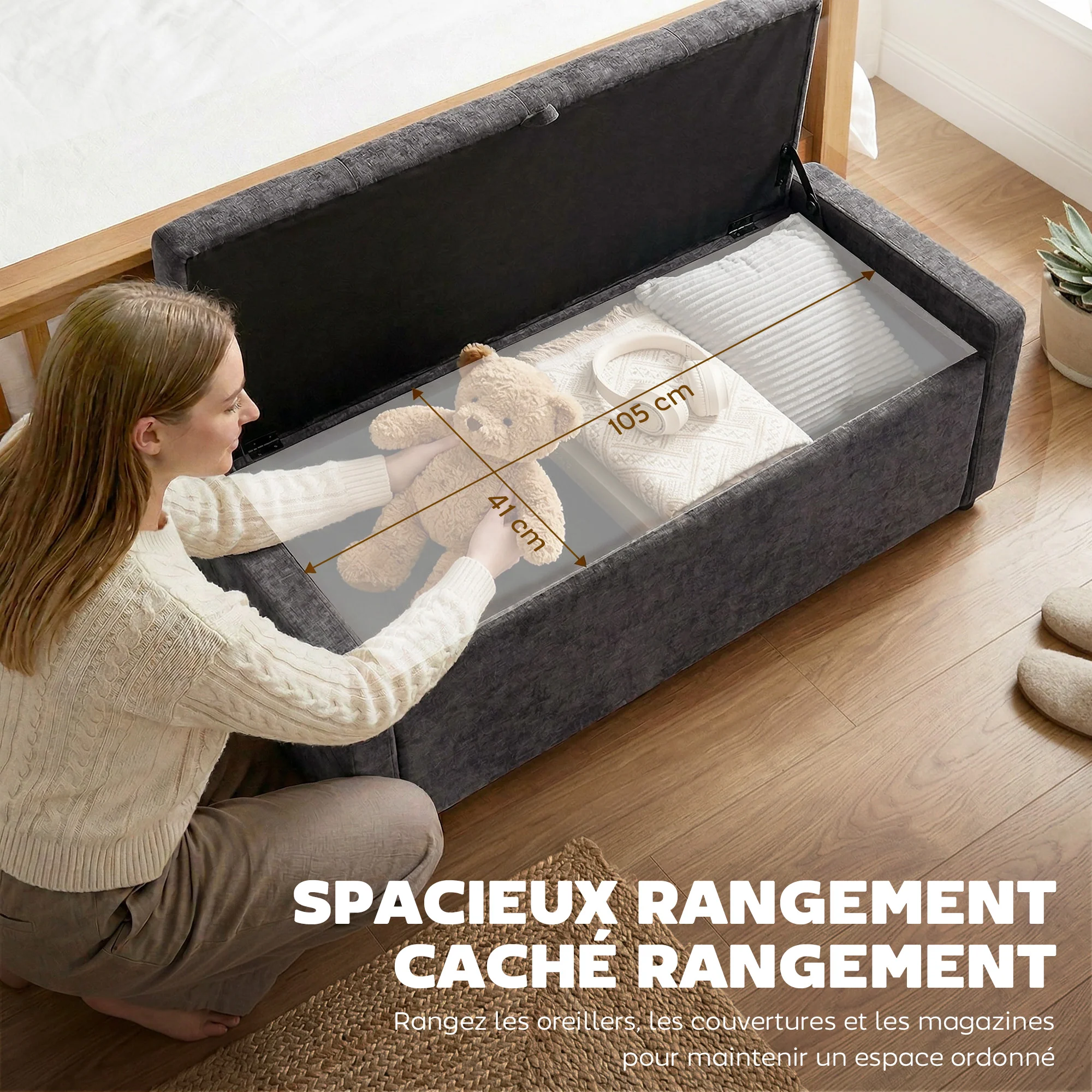 Banc de rangement, bout de lit, repose-pieds rembourré en lin avec assise large et confortable, coffre de rangement pour salon, chambre, entrée, 122 x 48 x 44 cm, gris foncé - Image 5