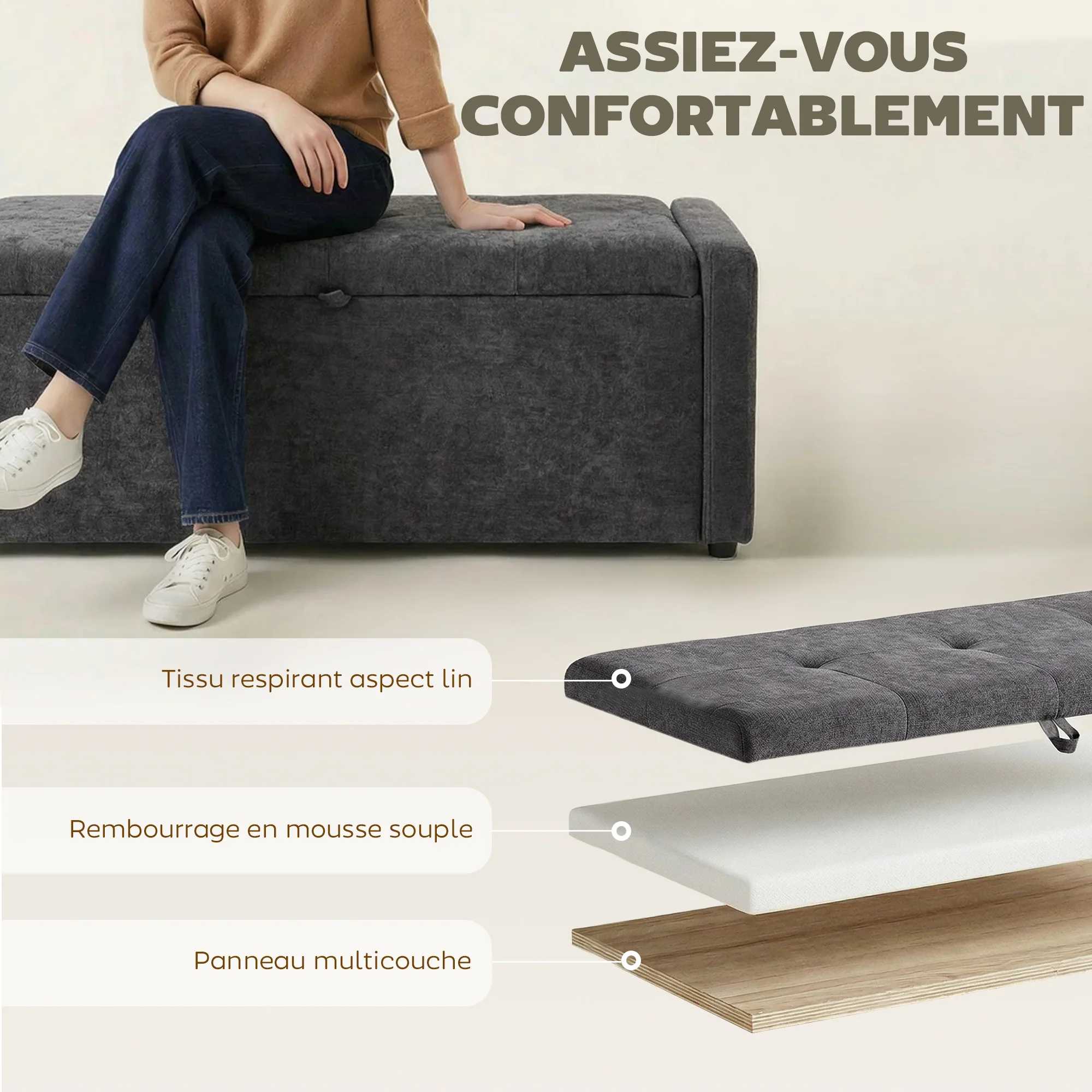 Banc de rangement, bout de lit, repose-pieds rembourré en lin avec assise large et confortable, coffre de rangement pour salon, chambre, entrée, 122 x 48 x 44 cm, gris foncé - Image 6