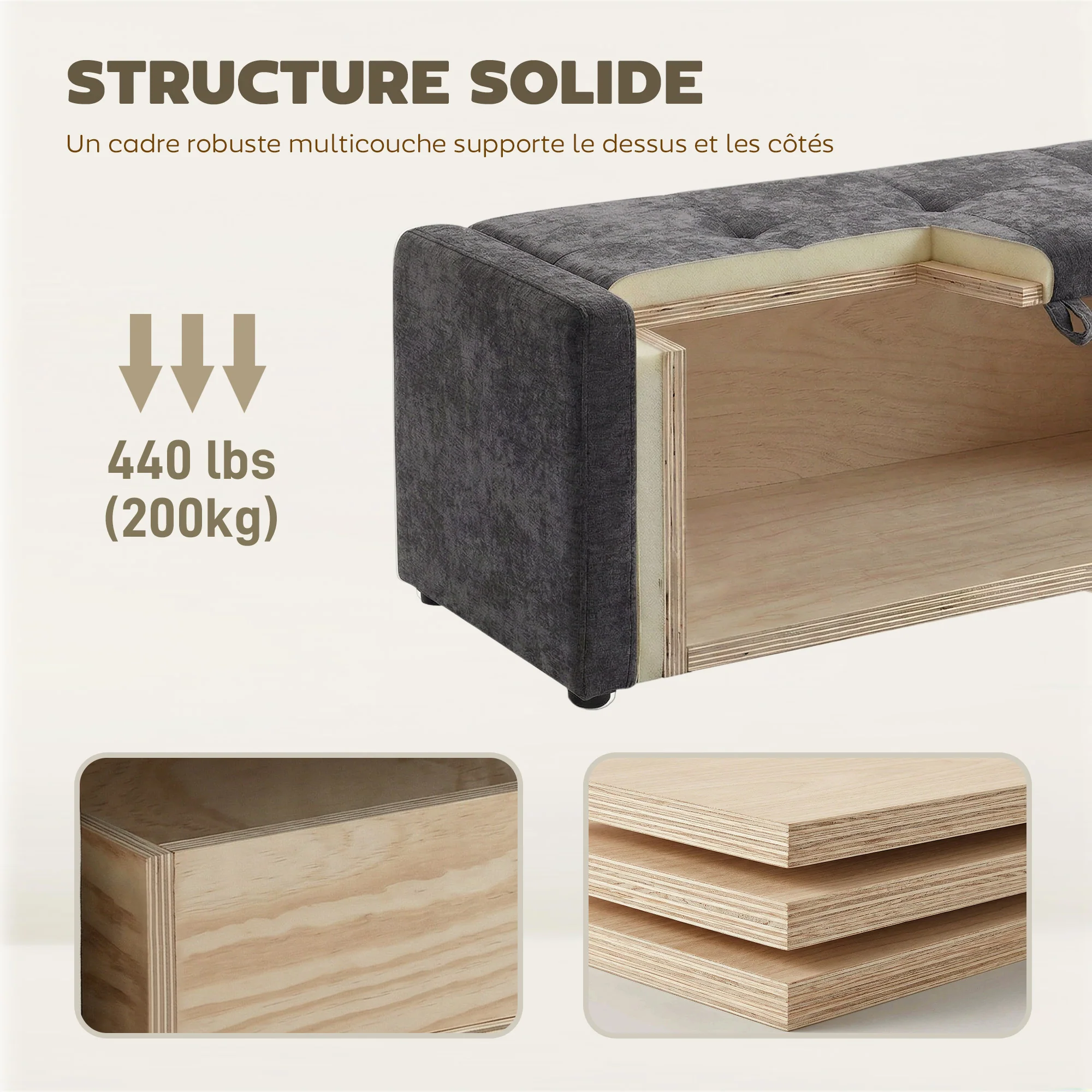 Banc de rangement, bout de lit, repose-pieds rembourré en lin avec assise large et confortable, coffre de rangement pour salon, chambre, entrée, 122 x 48 x 44 cm, gris foncé - Image 7