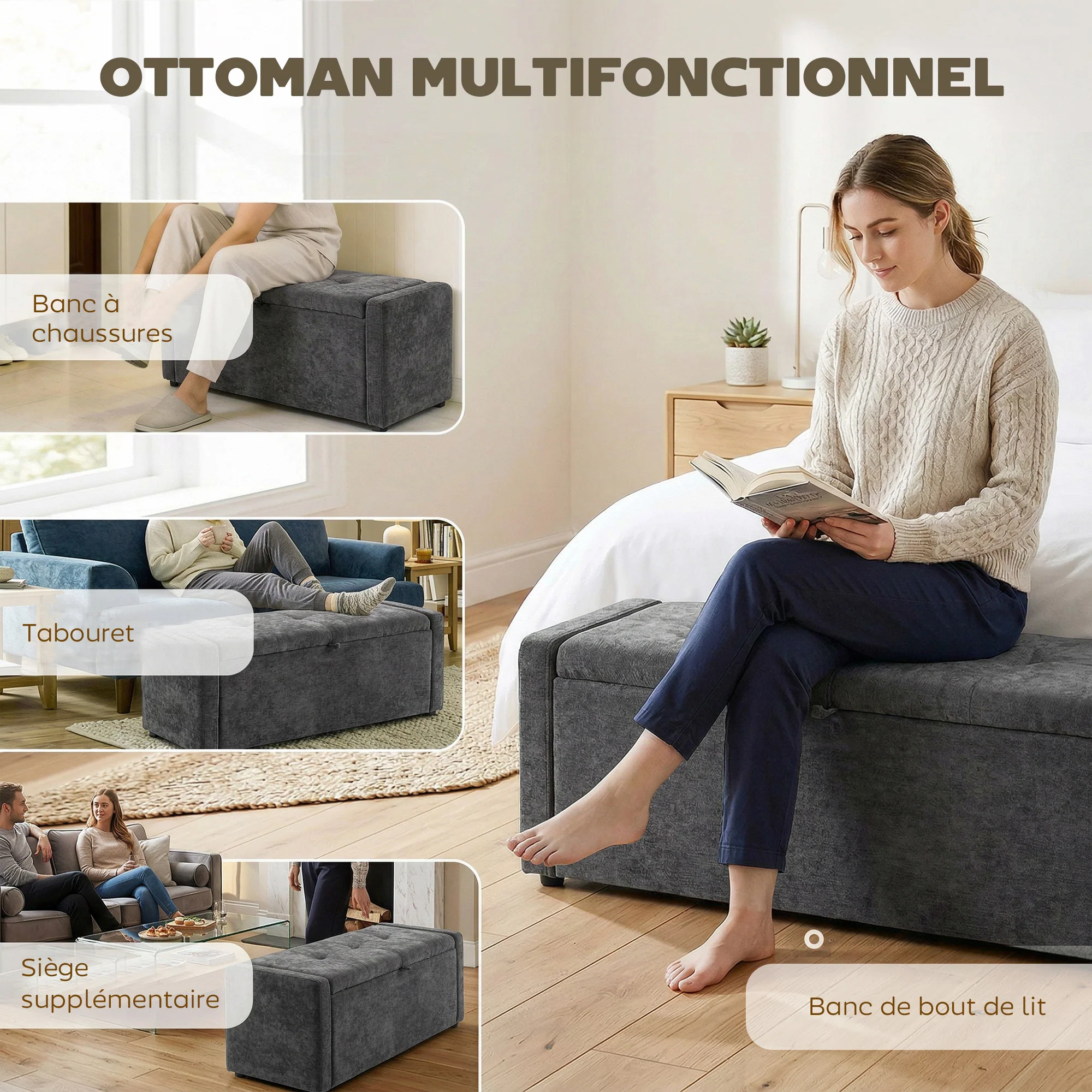 Banc de rangement, bout de lit, repose-pieds rembourré en lin avec assise large et confortable, coffre de rangement pour salon, chambre, entrée, 122 x 48 x 44 cm, gris foncé - Image 8