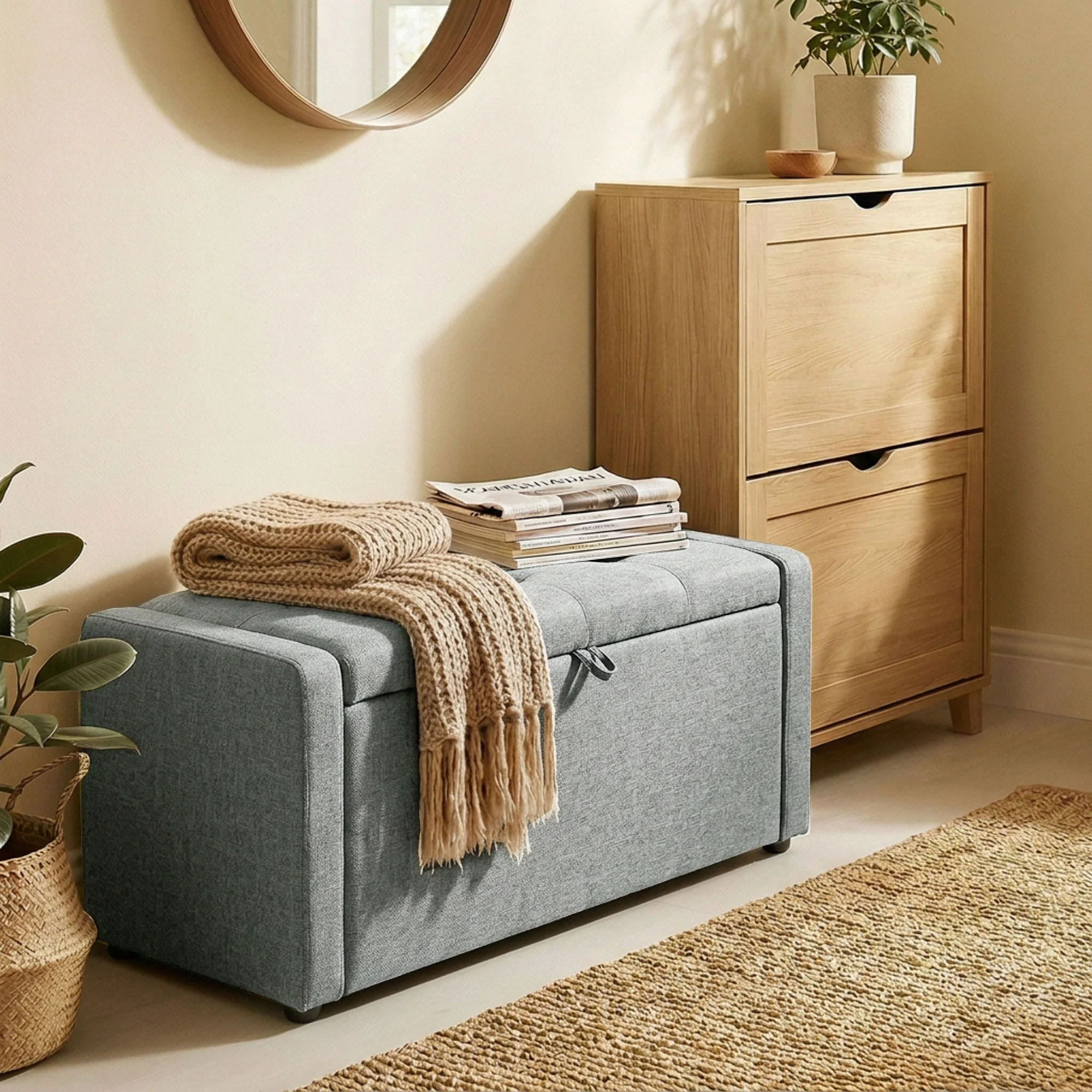Banc de rangement, bout de lit, repose-pieds rembourré en lin avec assise large et confortable, coffre de rangement pour salon, chambre, entrée, 122 x 48 x 44 cm, gris clair - Image 10