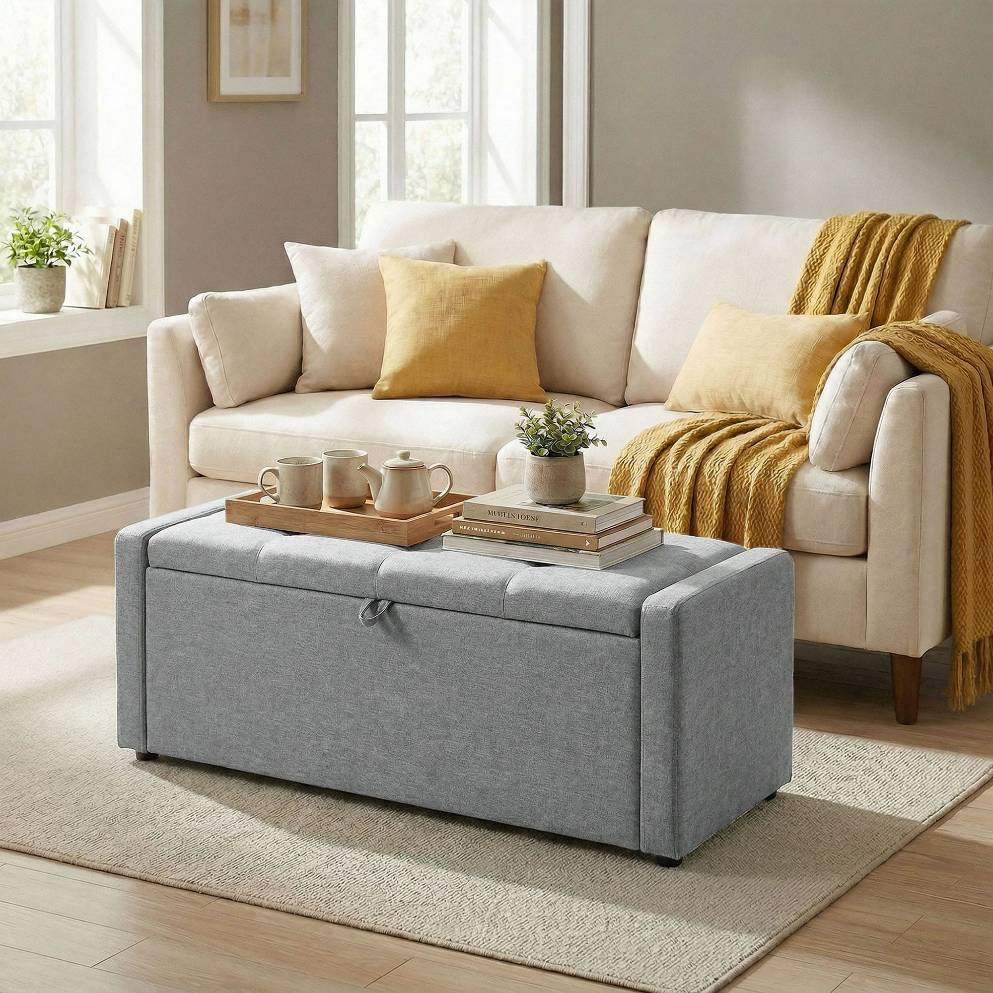 Banc de rangement, bout de lit, repose-pieds rembourré en lin avec assise large et confortable, coffre de rangement pour salon, chambre, entrée, 122 x 48 x 44 cm, gris clair - Image 11