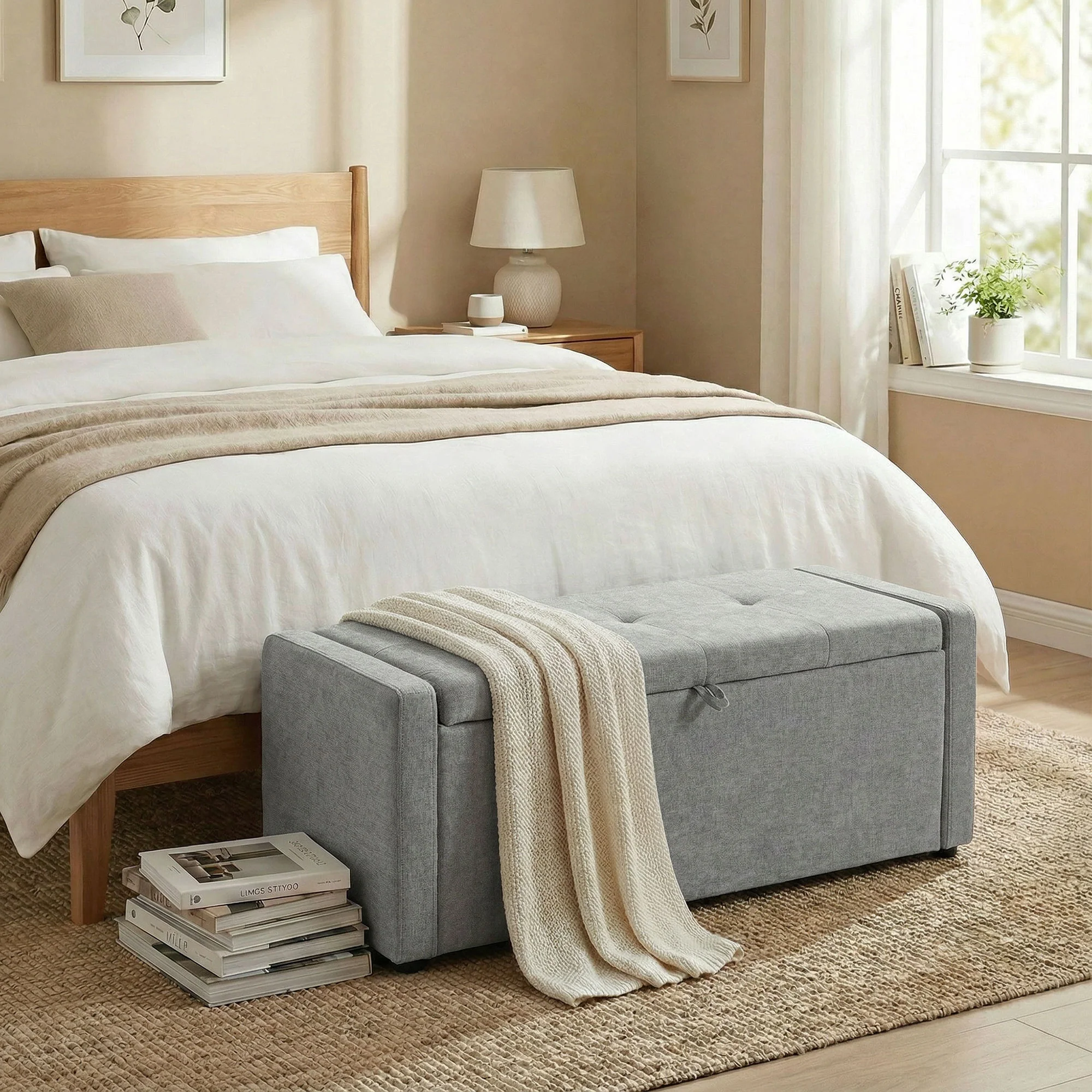 Banc de rangement, bout de lit, repose-pieds rembourré en lin avec assise large et confortable, coffre de rangement pour salon, chambre, entrée, 122 x 48 x 44 cm, gris clair - Image 3