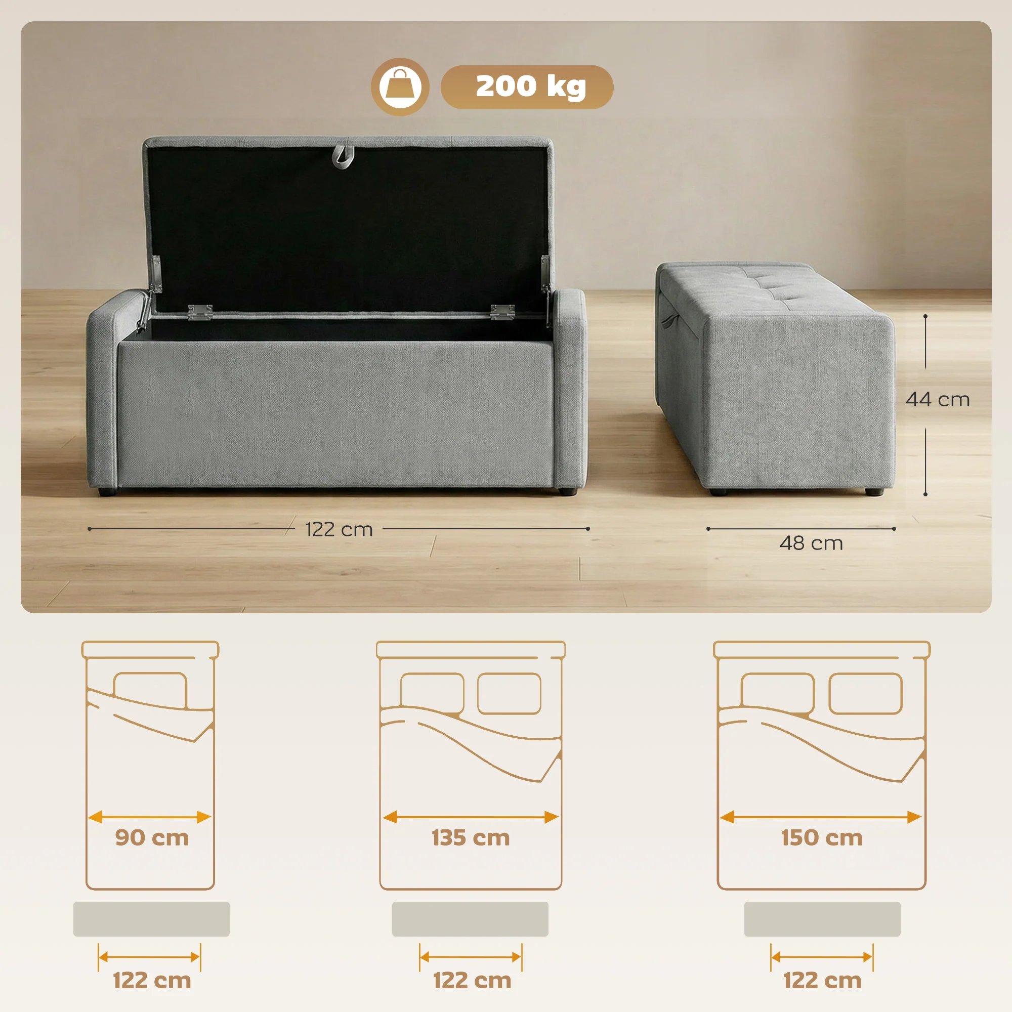 Banc de rangement, bout de lit, repose-pieds rembourré en lin avec assise large et confortable, coffre de rangement pour salon, chambre, entrée, 122 x 48 x 44 cm, gris clair - Image 4