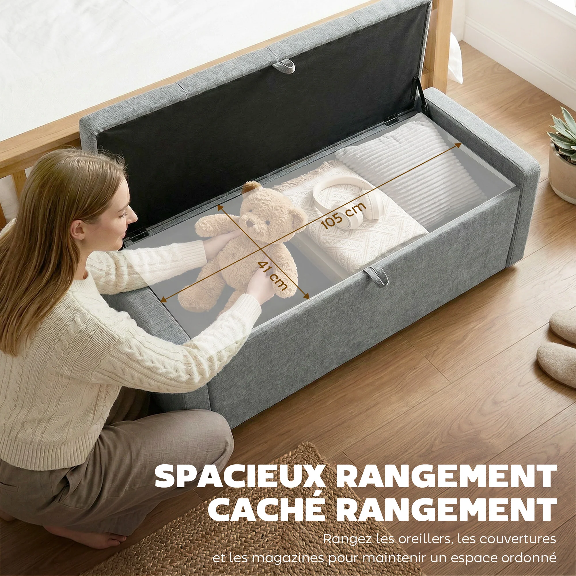 Banc de rangement, bout de lit, repose-pieds rembourré en lin avec assise large et confortable, coffre de rangement pour salon, chambre, entrée, 122 x 48 x 44 cm, gris clair - Image 5