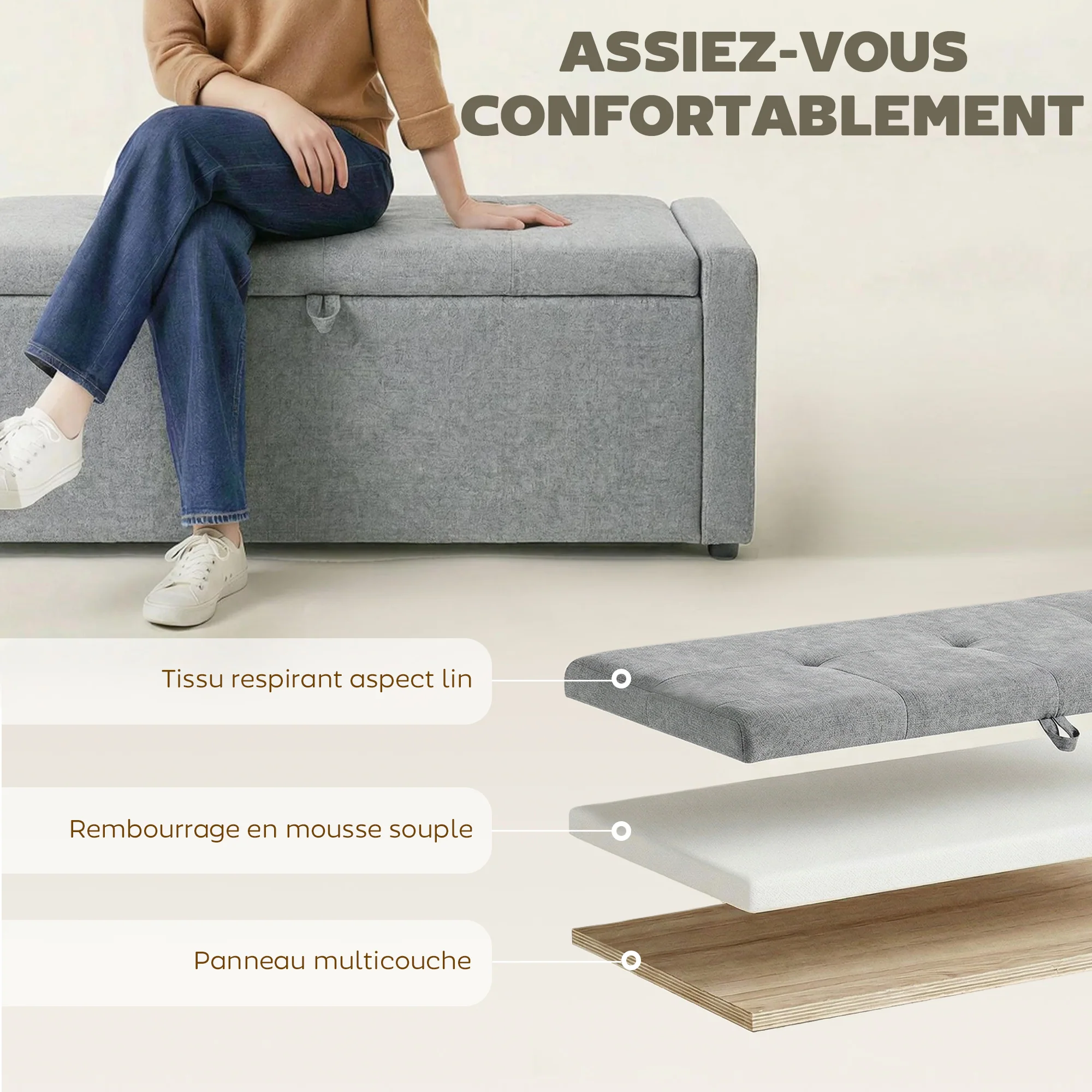 Banc de rangement, bout de lit, repose-pieds rembourré en lin avec assise large et confortable, coffre de rangement pour salon, chambre, entrée, 122 x 48 x 44 cm, gris clair - Image 6
