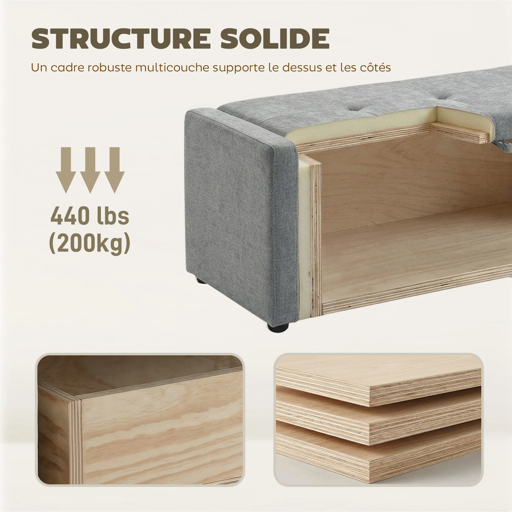 Banc de rangement, bout de lit, repose-pieds rembourré en lin avec assise large et confortable, coffre de rangement pour salon, chambre, entrée, 122 x 48 x 44 cm, gris clair - Image 7