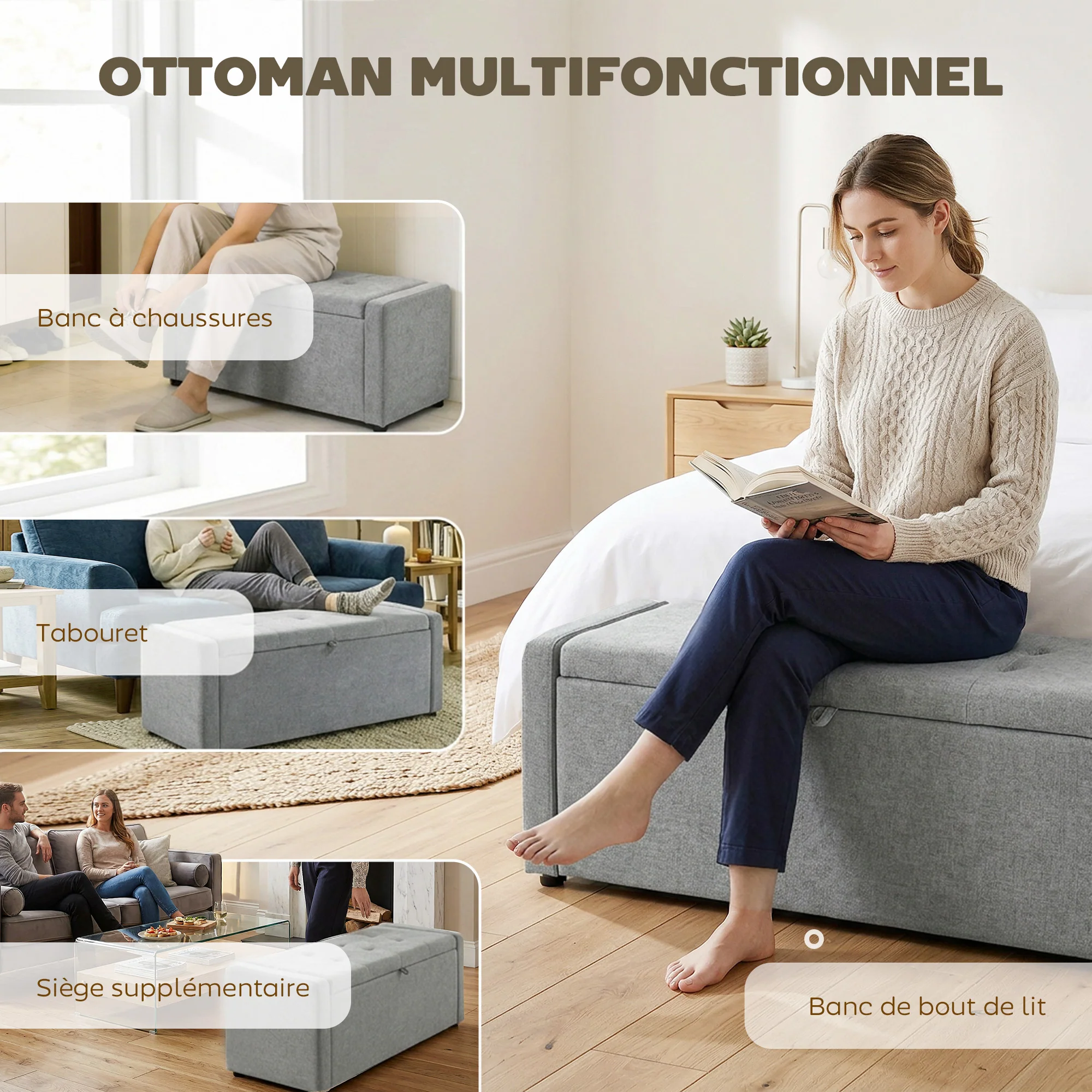 Banc de rangement, bout de lit, repose-pieds rembourré en lin avec assise large et confortable, coffre de rangement pour salon, chambre, entrée, 122 x 48 x 44 cm, gris clair - Image 8