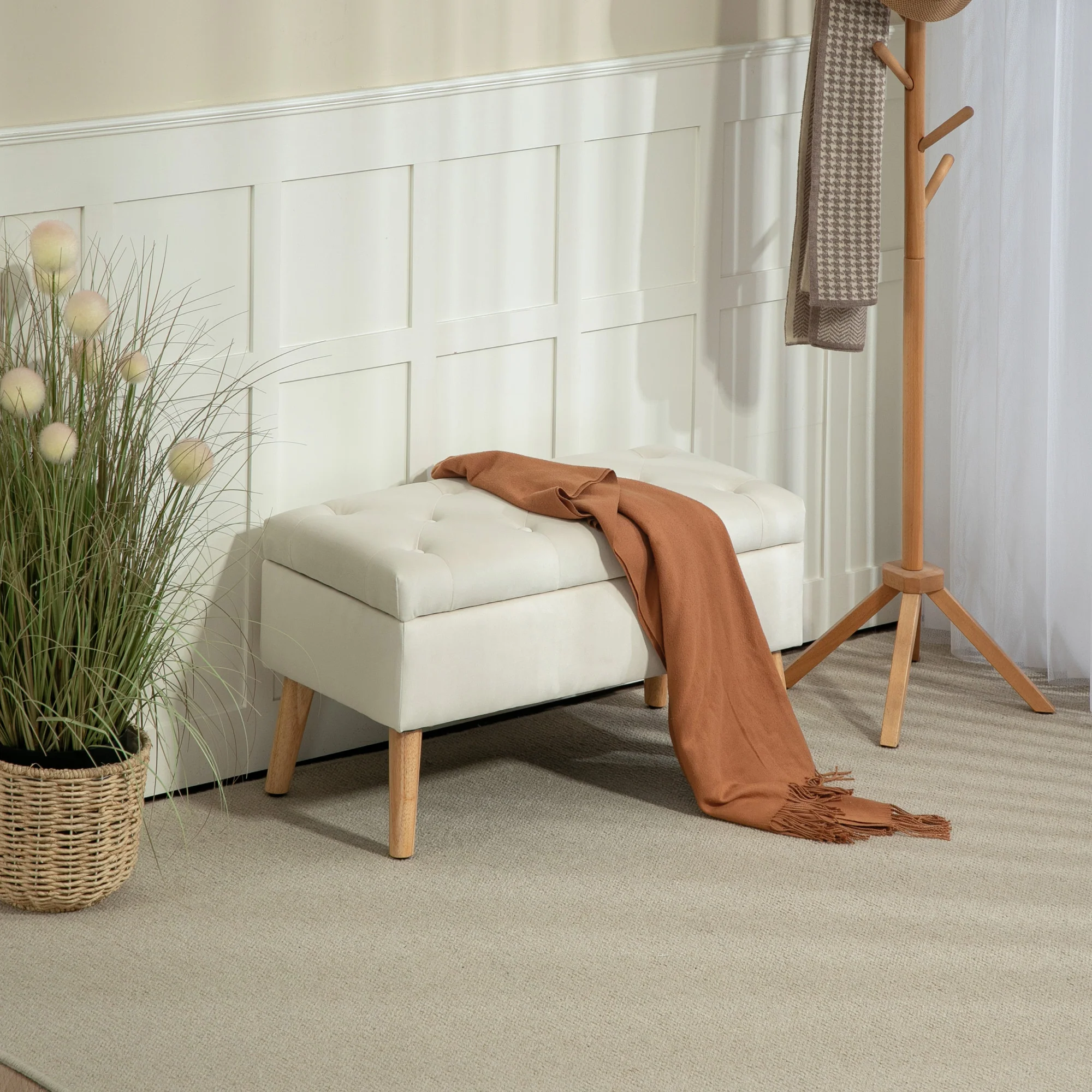 Banc de rangement, coffre de rangement, avec couvercle, tissu effet velours, pieds en bois, charge jusqu'à 120 kg, pour salon, chambre, entrée, 80 x 35 x 40 cm, crème - Image 3