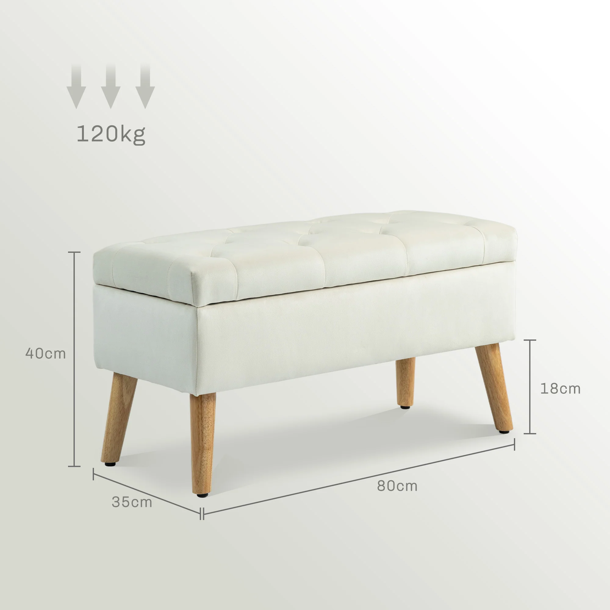 Banc de rangement, coffre de rangement, avec couvercle, tissu effet velours, pieds en bois, charge jusqu'à 120 kg, pour salon, chambre, entrée, 80 x 35 x 40 cm, crème - Image 4