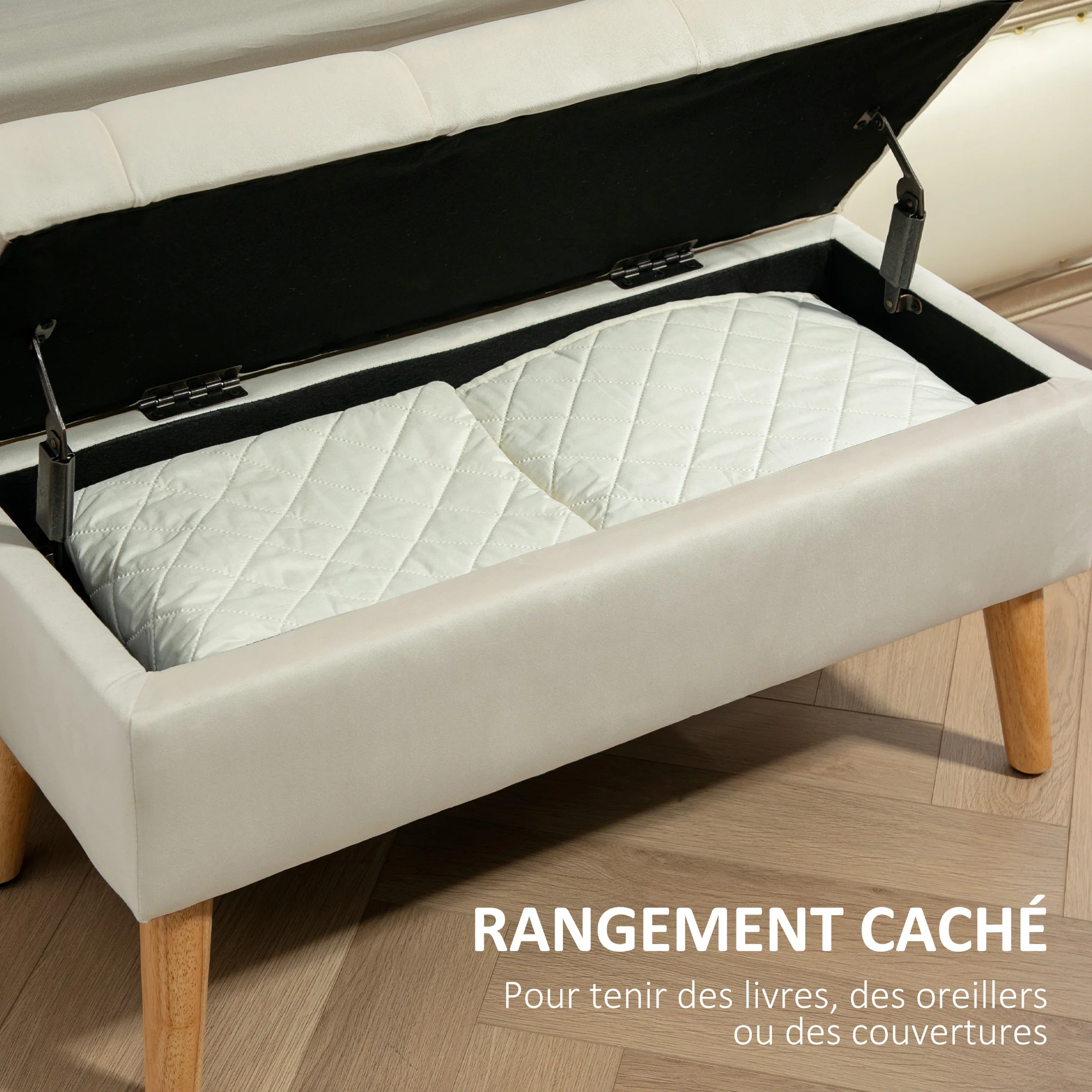 Banc de rangement, coffre de rangement, avec couvercle, tissu effet velours, pieds en bois, charge jusqu'à 120 kg, pour salon, chambre, entrée, 80 x 35 x 40 cm, crème - Image 5
