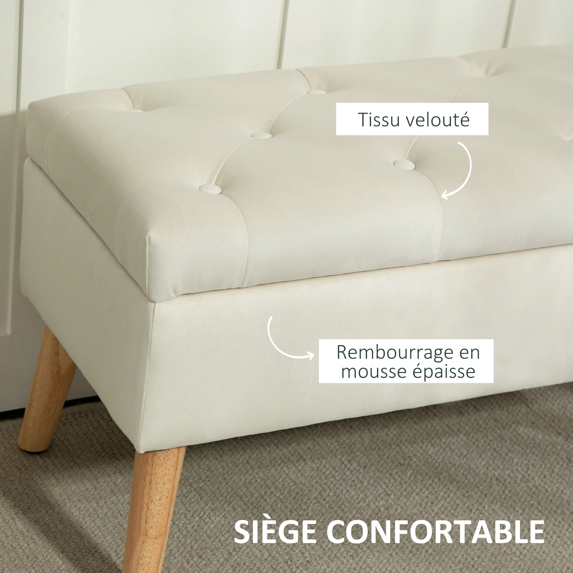 Banc de rangement, coffre de rangement, avec couvercle, tissu effet velours, pieds en bois, charge jusqu'à 120 kg, pour salon, chambre, entrée, 80 x 35 x 40 cm, crème - Image 6