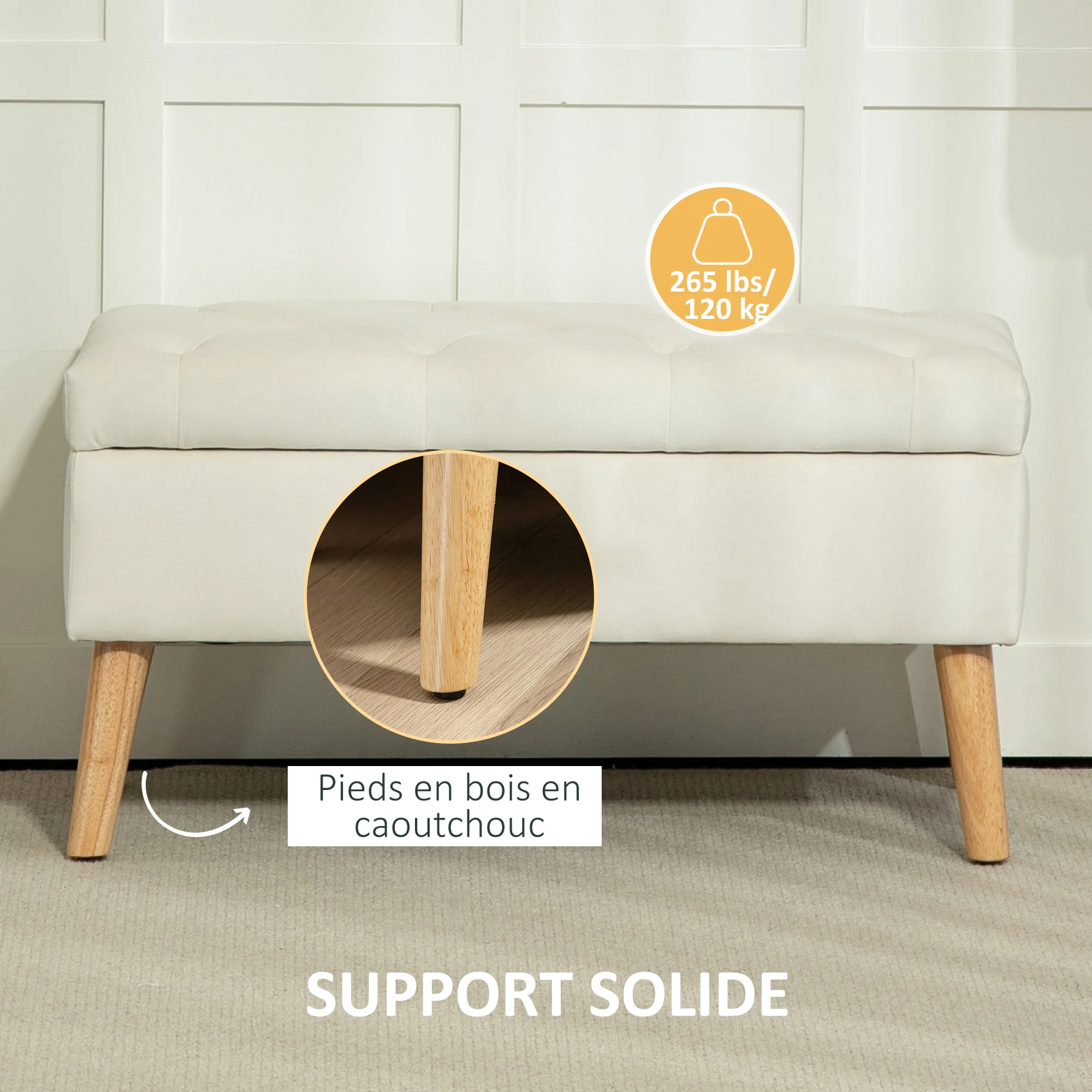 Banc de rangement, coffre de rangement, avec couvercle, tissu effet velours, pieds en bois, charge jusqu'à 120 kg, pour salon, chambre, entrée, 80 x 35 x 40 cm, crème - Image 7
