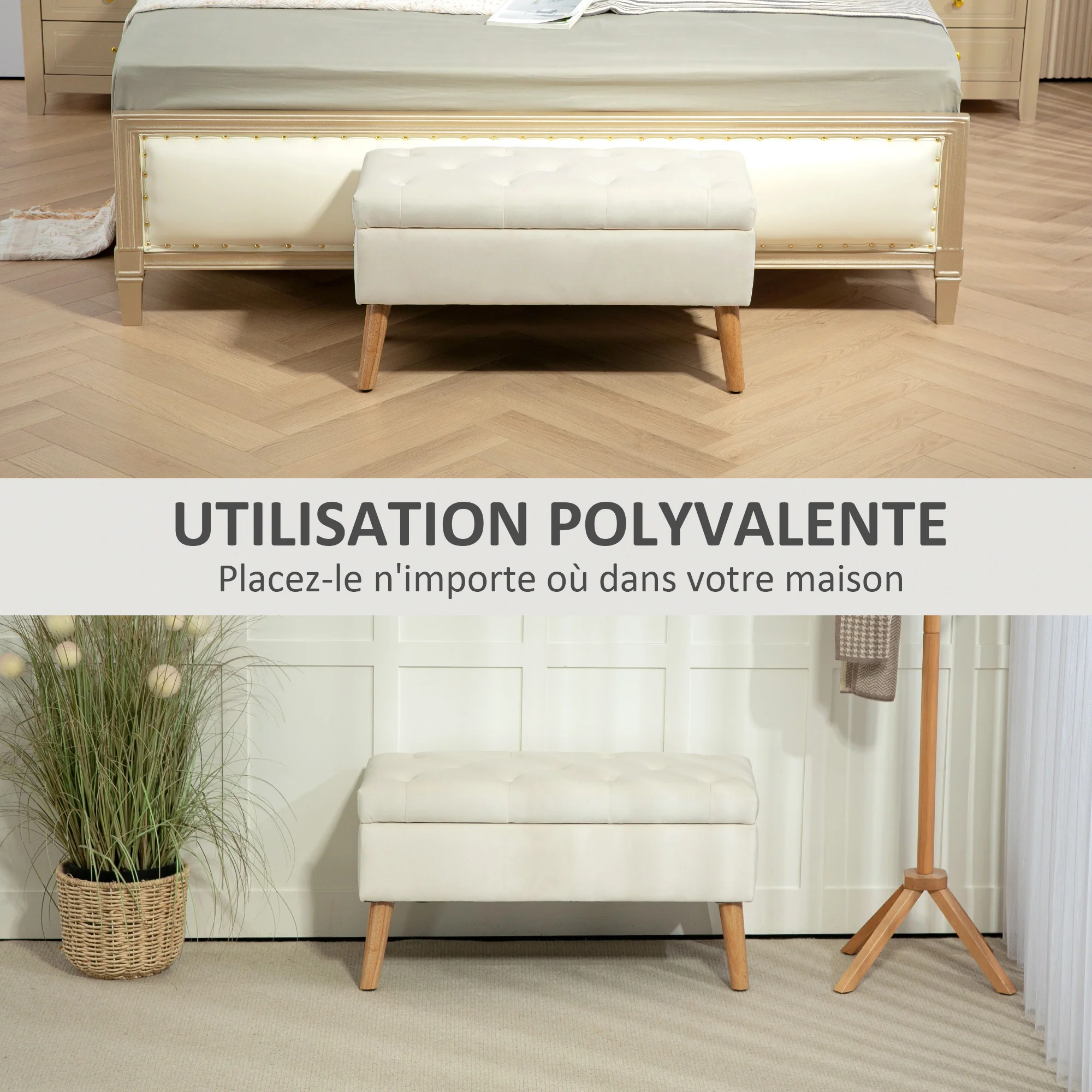 Banc de rangement, coffre de rangement, avec couvercle, tissu effet velours, pieds en bois, charge jusqu'à 120 kg, pour salon, chambre, entrée, 80 x 35 x 40 cm, crème - Image 8