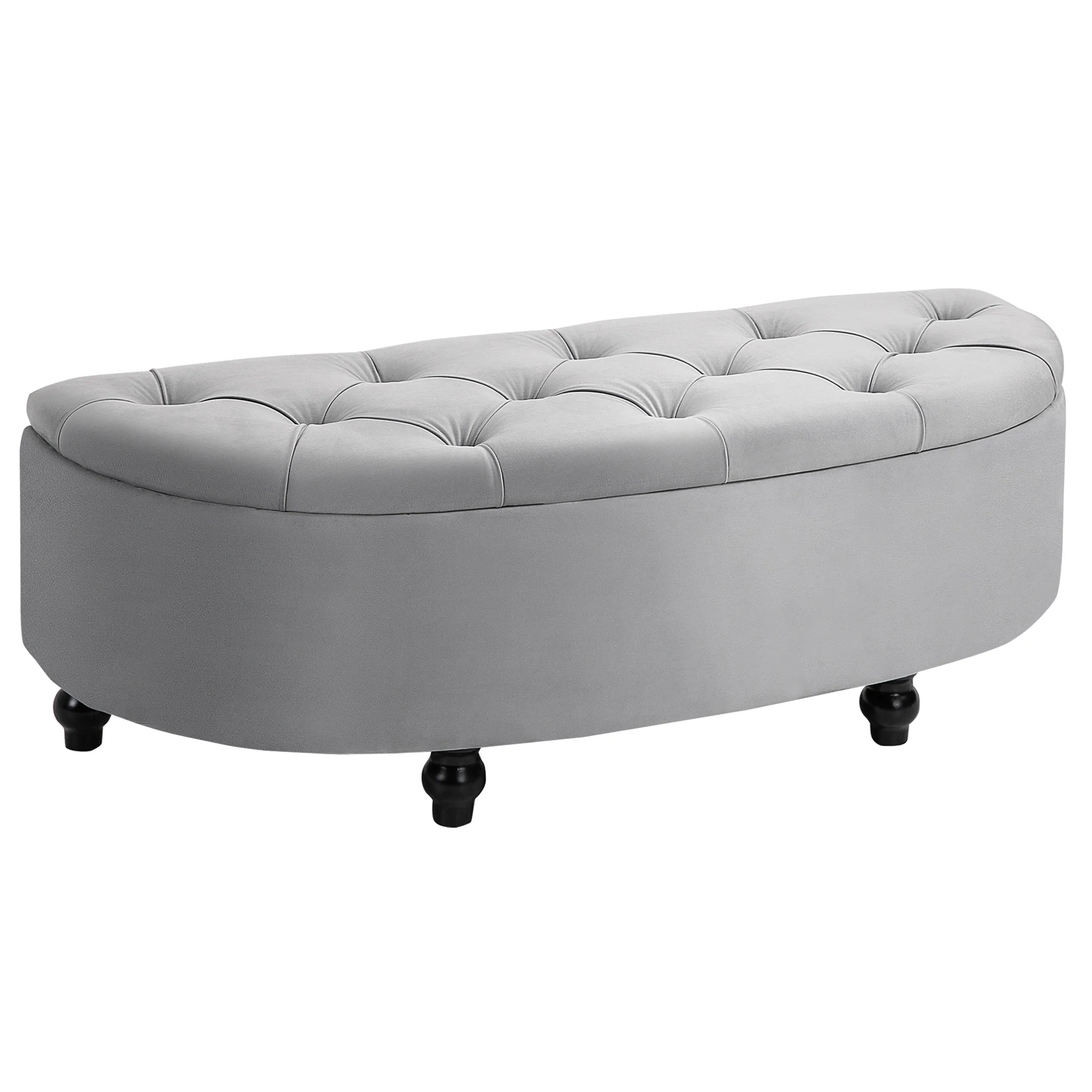 Banc de rangement, coffre de rangement design capitonné demi-cercle bout de lit avec revêtement velours, pieds en bois d'hévéa, pour salon, chambre, entrée, 120 x 46 x 42 cm, gris - Image 11