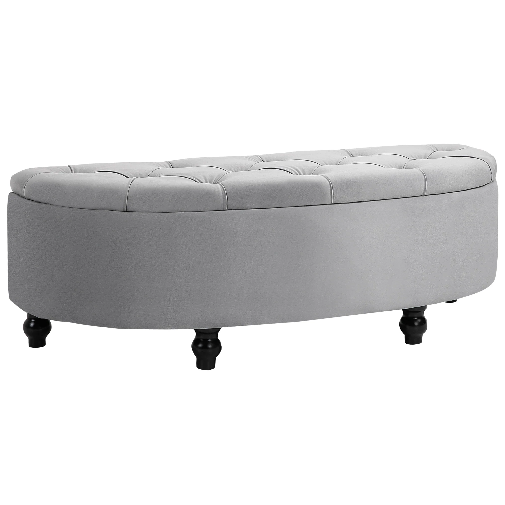 Banc de rangement, coffre de rangement design capitonné demi-cercle bout de lit avec revêtement velours, pieds en bois d'hévéa, pour salon, chambre, entrée, 120 x 46 x 42 cm, gris - Image 2