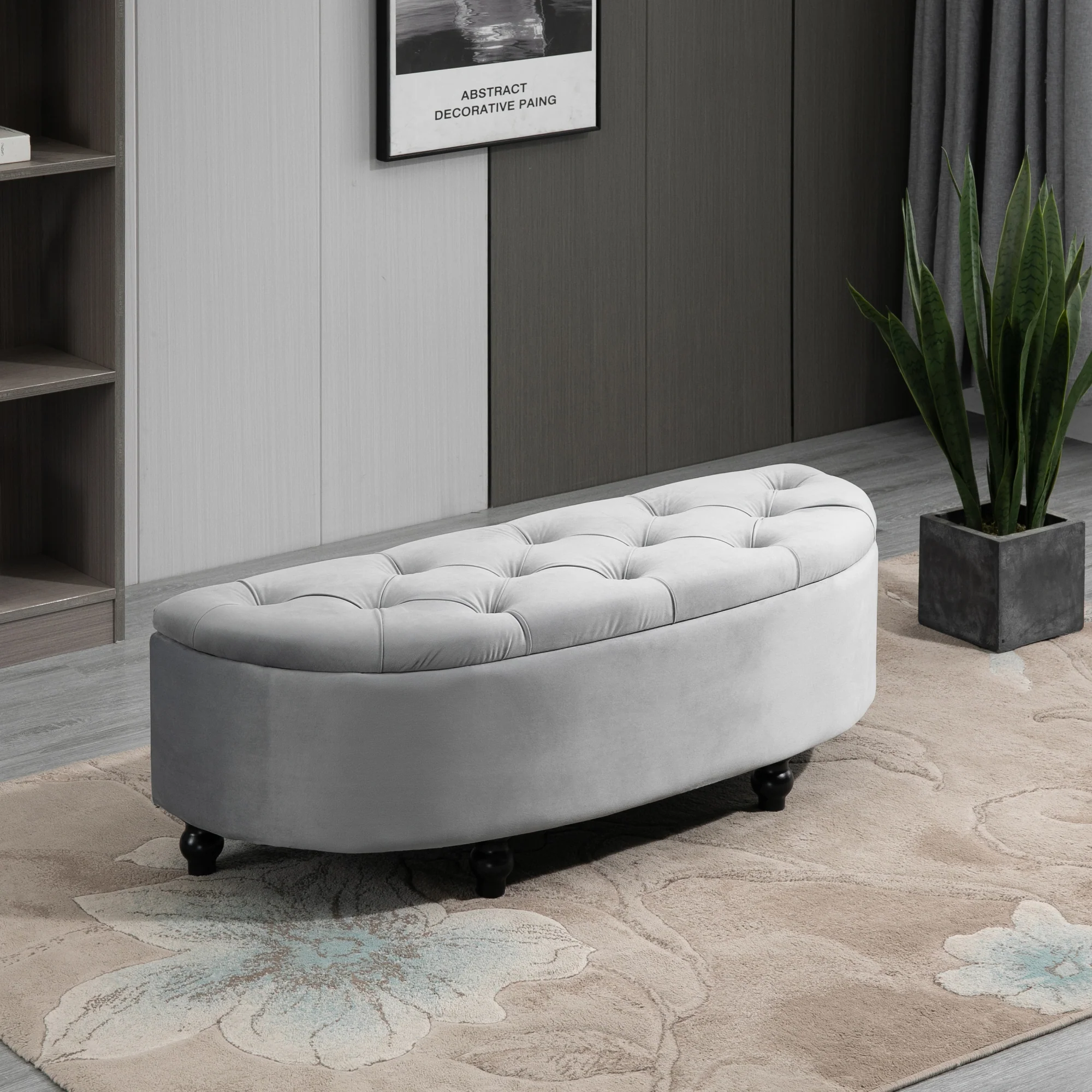 Banc de rangement, coffre de rangement design capitonné demi-cercle bout de lit avec revêtement velours, pieds en bois d'hévéa, pour salon, chambre, entrée, 120 x 46 x 42 cm, gris - Image 3