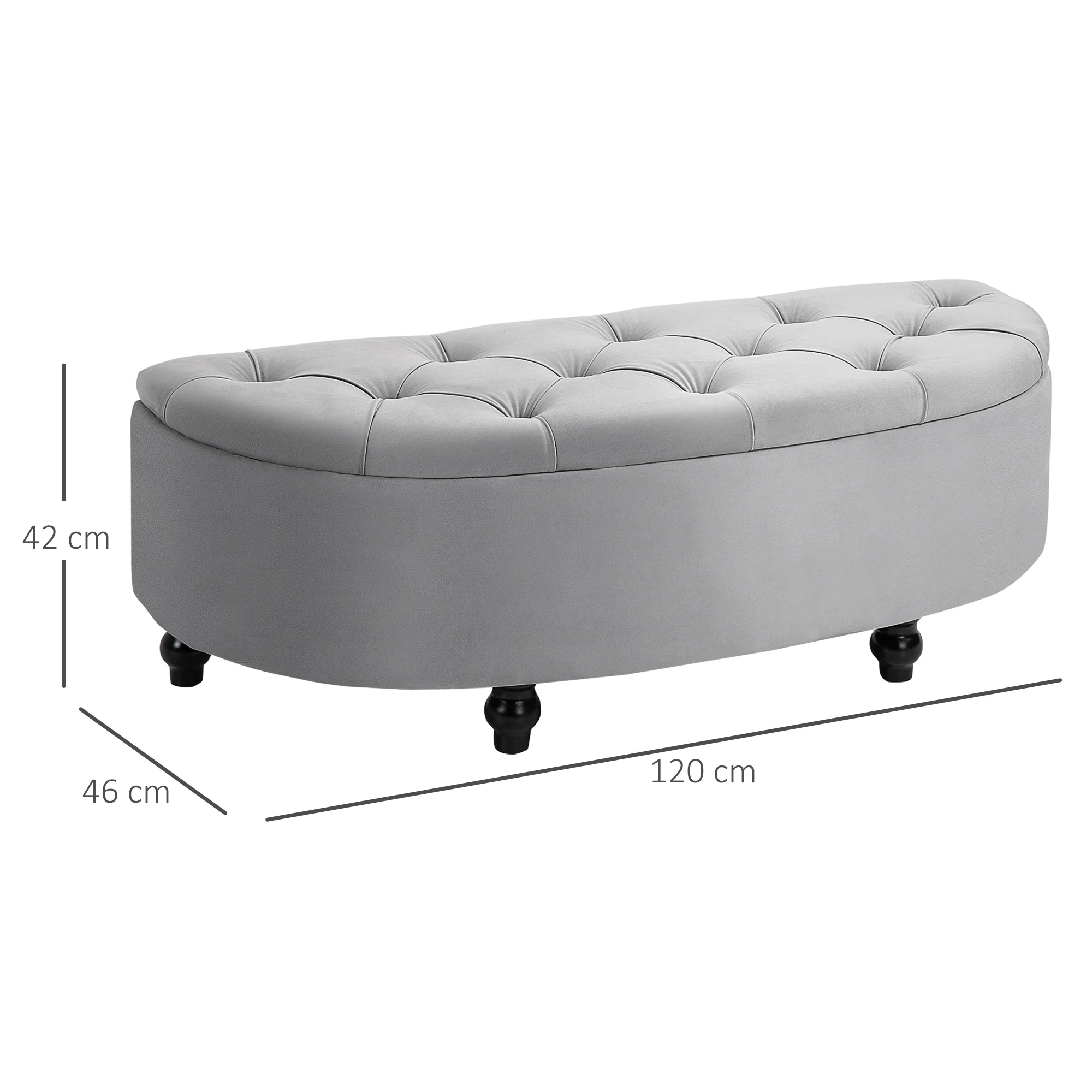 Banc de rangement, coffre de rangement design capitonné demi-cercle bout de lit avec revêtement velours, pieds en bois d'hévéa, pour salon, chambre, entrée, 120 x 46 x 42 cm, gris - Image 4