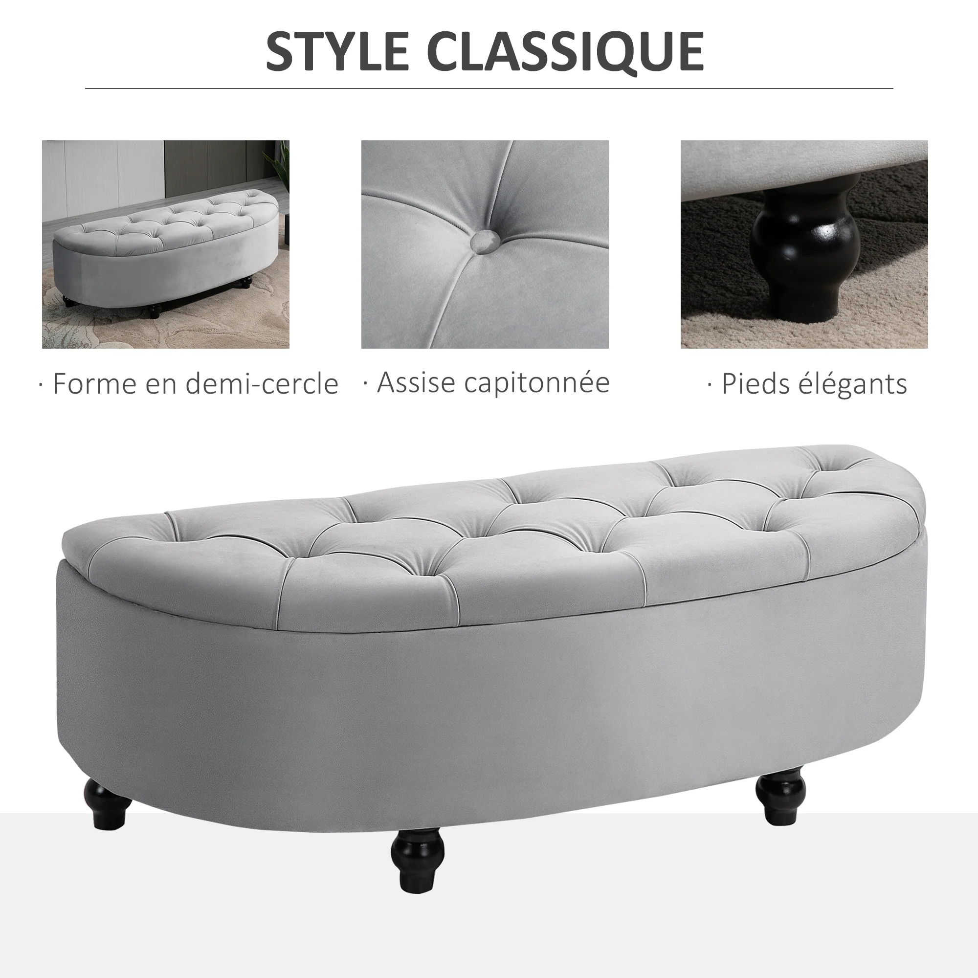 Banc de rangement, coffre de rangement design capitonné demi-cercle bout de lit avec revêtement velours, pieds en bois d'hévéa, pour salon, chambre, entrée, 120 x 46 x 42 cm, gris - Image 5