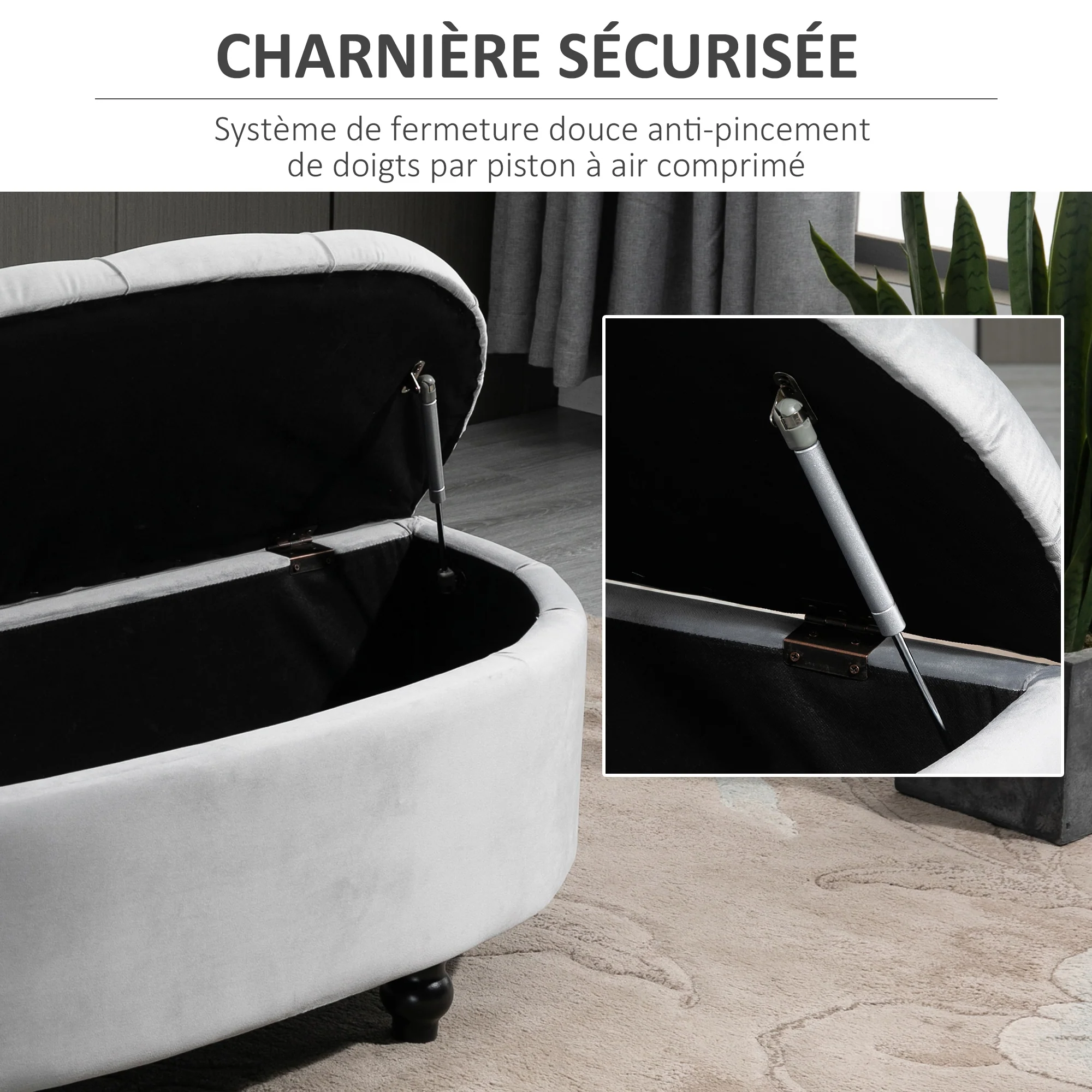 Banc de rangement, coffre de rangement design capitonné demi-cercle bout de lit avec revêtement velours, pieds en bois d'hévéa, pour salon, chambre, entrée, 120 x 46 x 42 cm, gris - Image 6