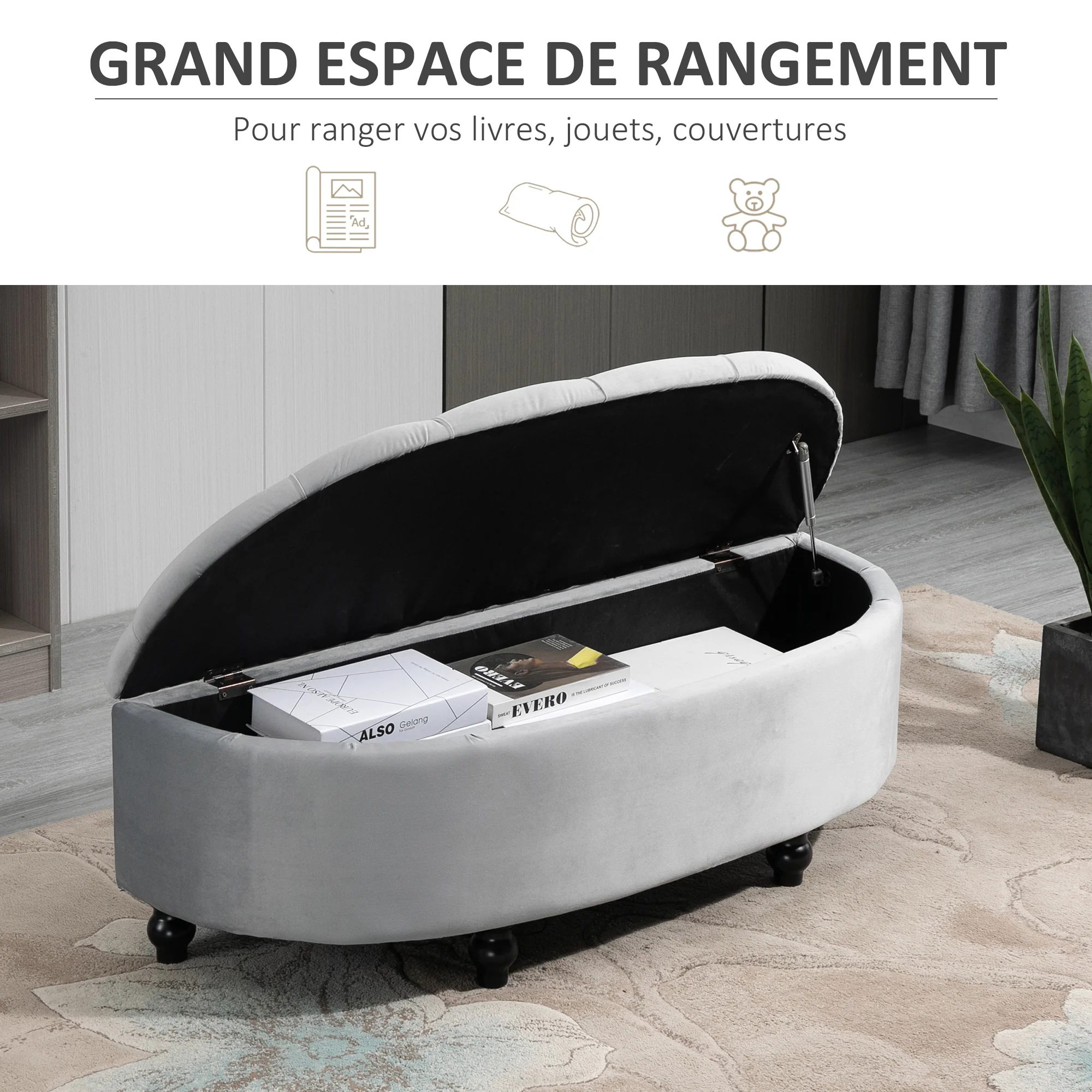 Banc de rangement, coffre de rangement design capitonné demi-cercle bout de lit avec revêtement velours, pieds en bois d'hévéa, pour salon, chambre, entrée, 120 x 46 x 42 cm, gris - Image 7