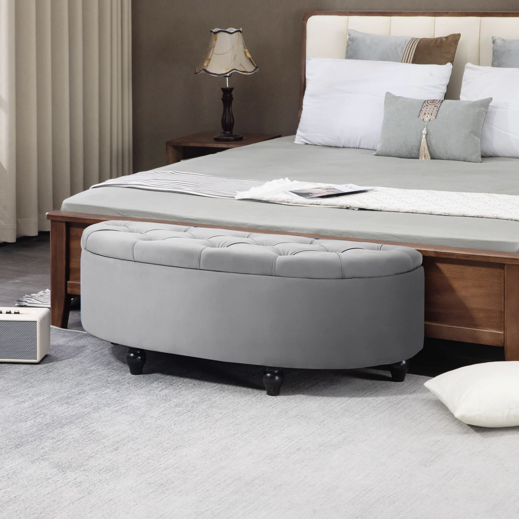 Banc de rangement, coffre de rangement design capitonné demi-cercle bout de lit avec revêtement velours, pieds en bois d'hévéa, pour salon, chambre, entrée, 120 x 46 x 42 cm, gris - Image 9