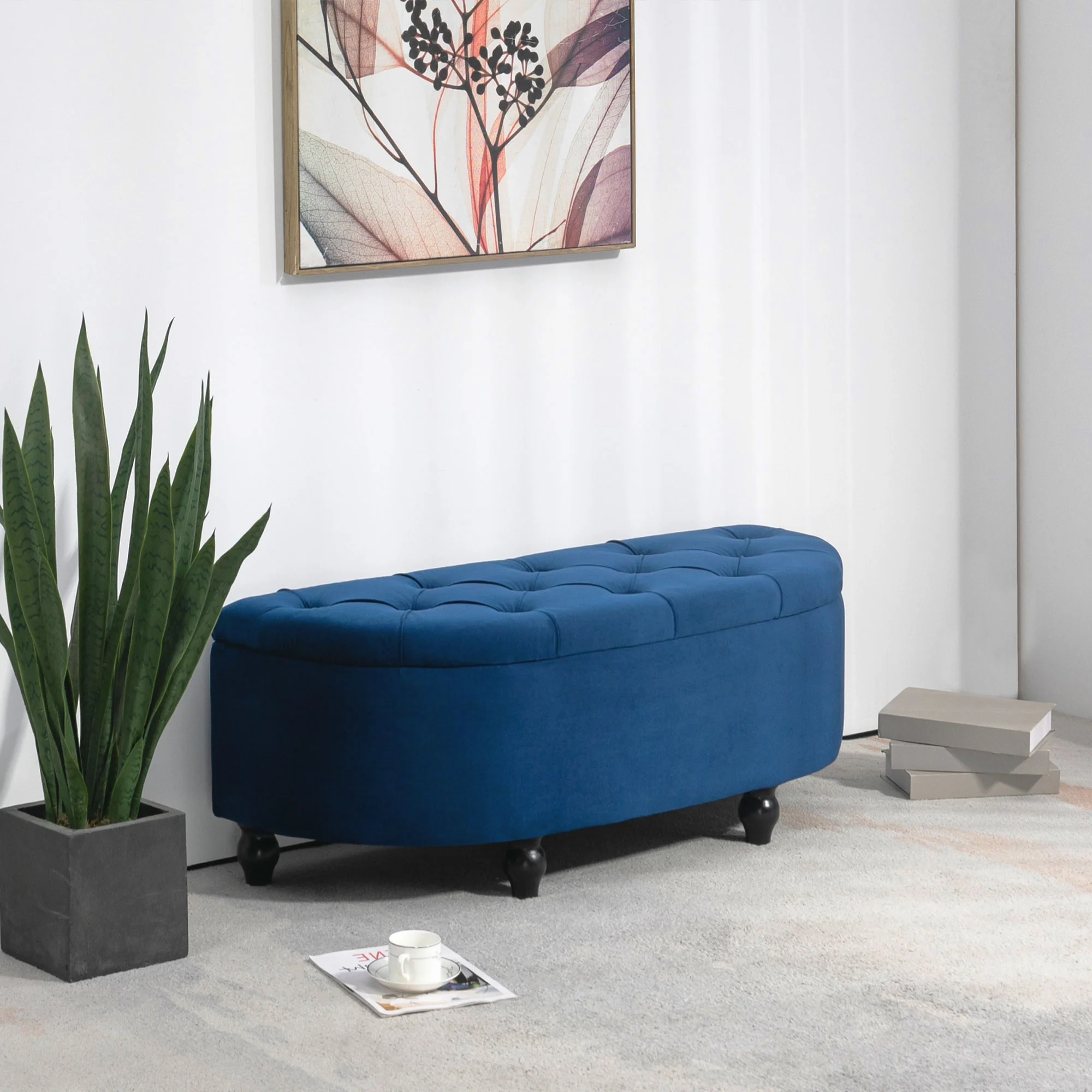 Banc de rangement, coffre de rangement design capitonné demi-cercle bout de lit avec revêtement velours, pieds en bois d'hévéa, pour salon, chambre, entrée, 120 x 46 x 42 cm, bleu - Image 3