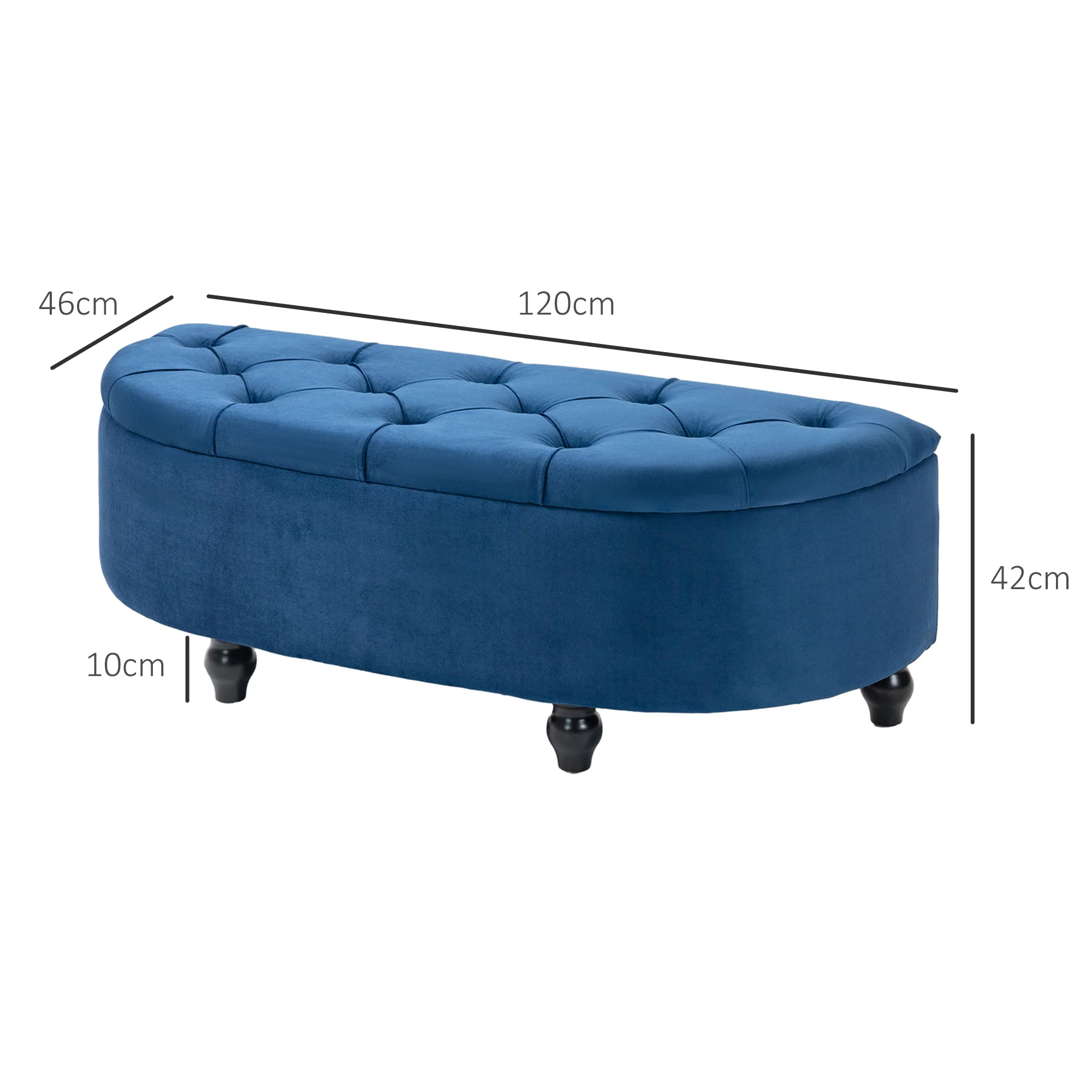 Banc de rangement, coffre de rangement design capitonné demi-cercle bout de lit avec revêtement velours, pieds en bois d'hévéa, pour salon, chambre, entrée, 120 x 46 x 42 cm, bleu - Image 4