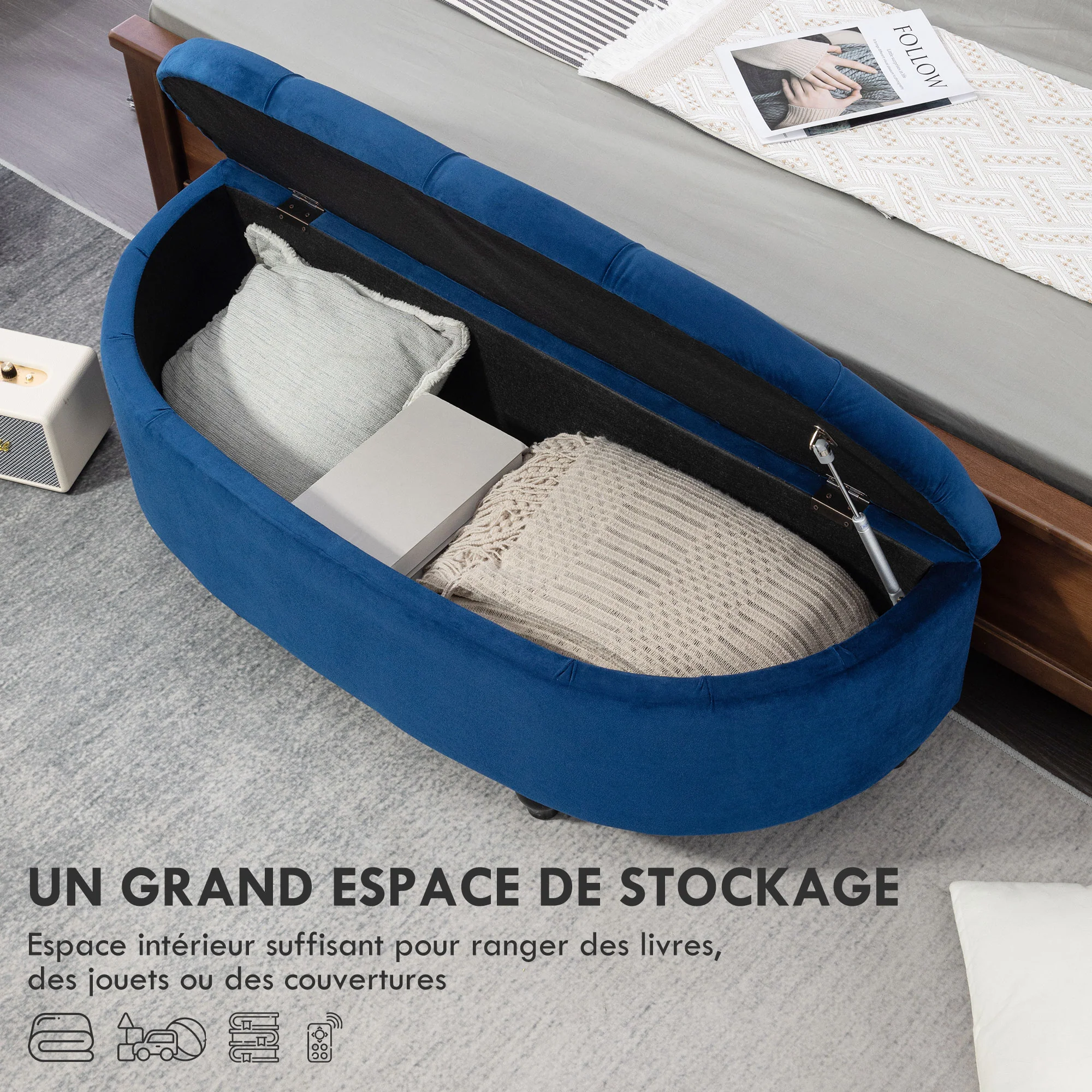 Banc de rangement, coffre de rangement design capitonné demi-cercle bout de lit avec revêtement velours, pieds en bois d'hévéa, pour salon, chambre, entrée, 120 x 46 x 42 cm, bleu - Image 5