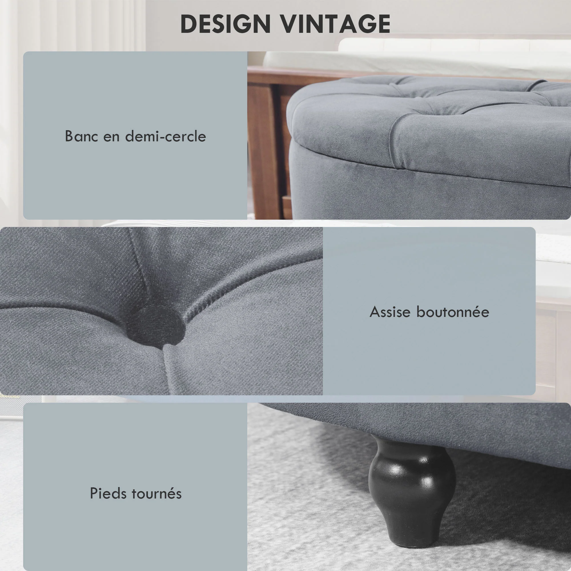 Banc de rangement, coffre de rangement design capitonné demi-cercle bout de lit avec revêtement velours, pieds en bois d'hévéa, pour salon, chambre, entrée, 120 x 46 x 42 cm, bleu - Image 7