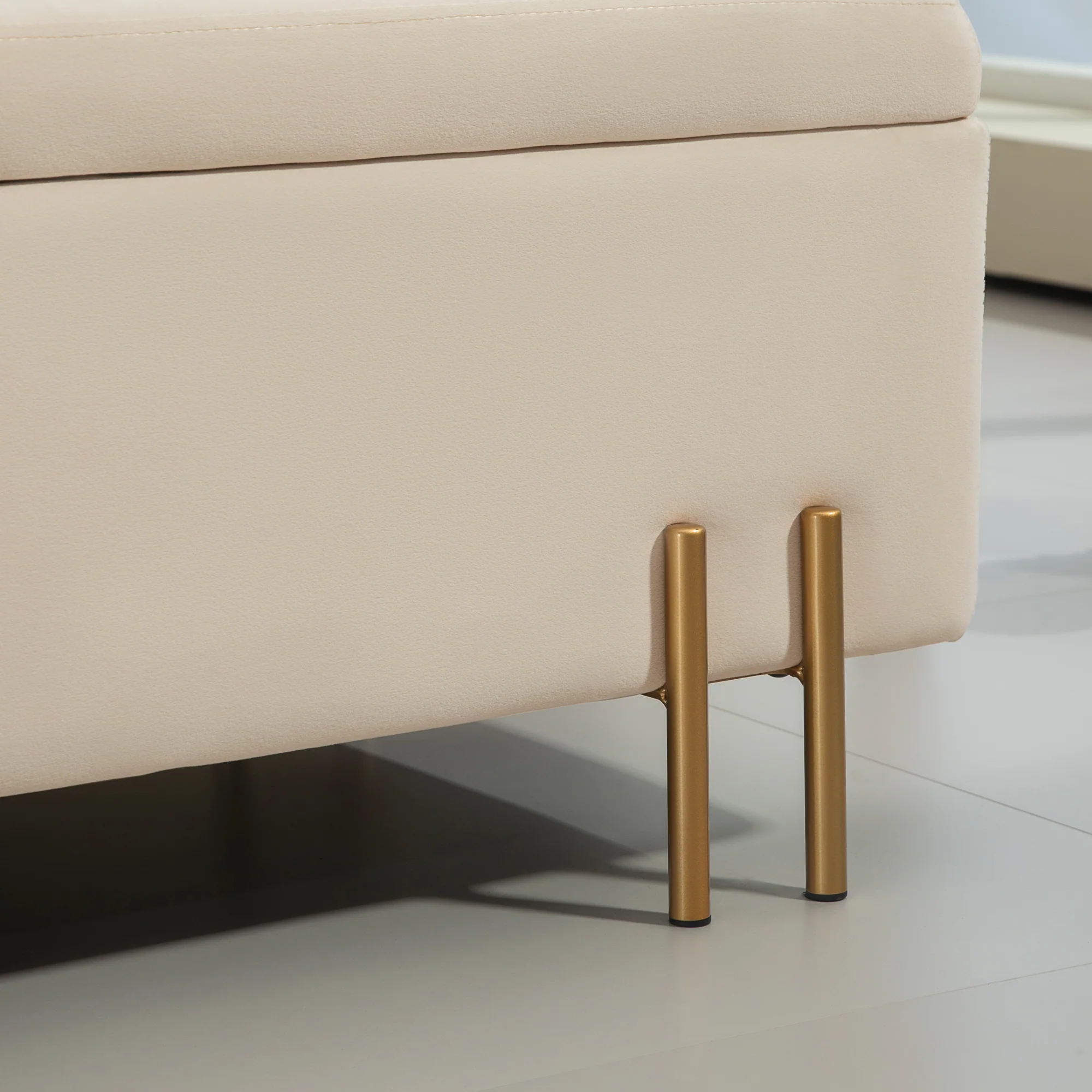 Banc de rangement coffre de rangement design contemporain- banc avec espace de stockage - dim. 100L x 40l x 42H cm - velours beige piètement métal doré - Image 10
