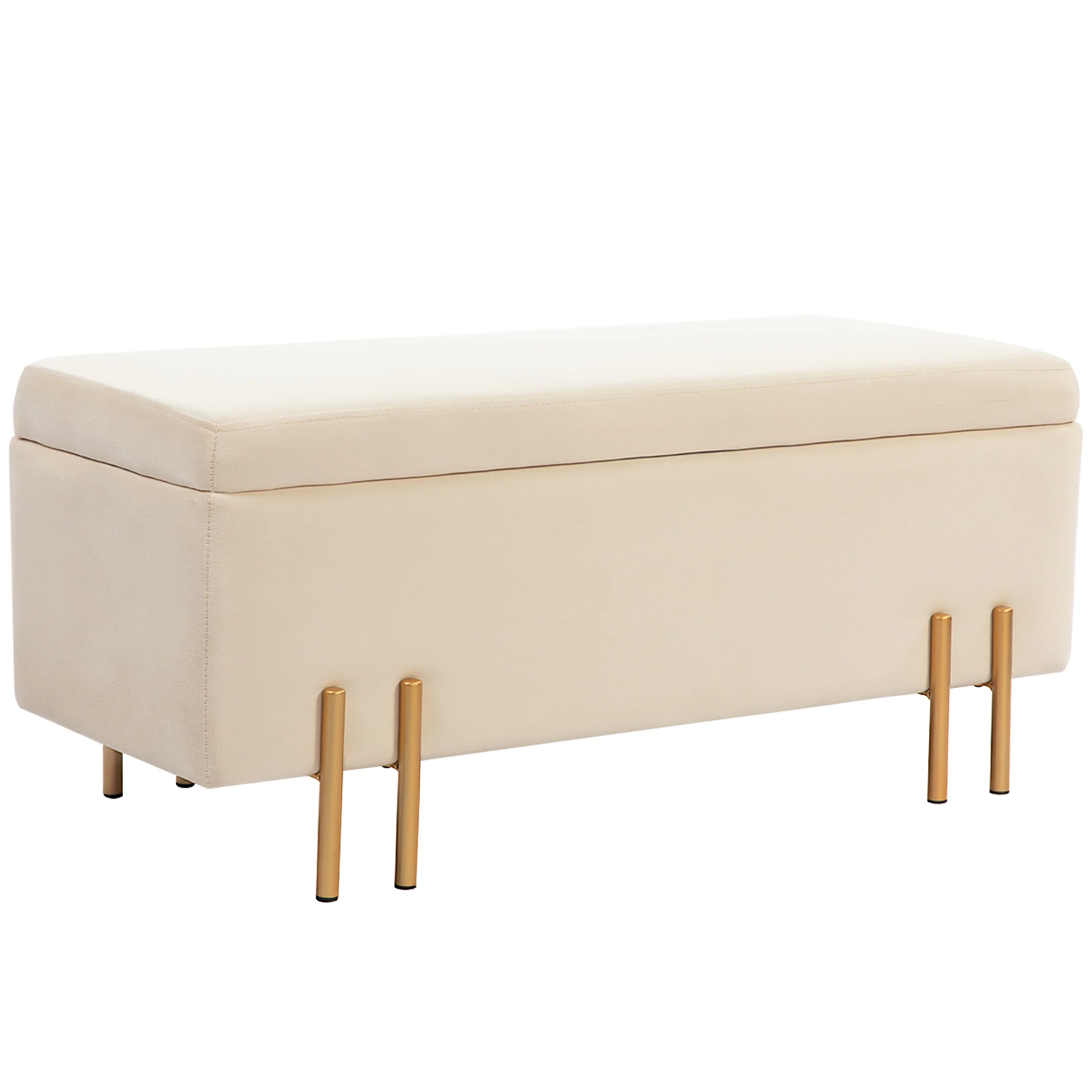 Banc de rangement coffre de rangement design contemporain- banc avec espace de stockage - dim. 100L x 40l x 42H cm - velours beige piètement métal doré - Image 2