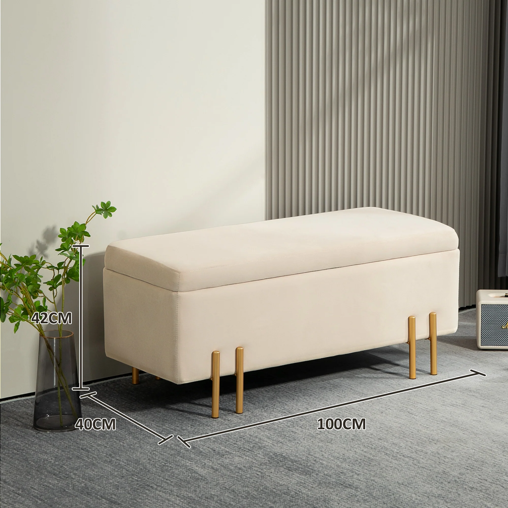 Banc de rangement coffre de rangement design contemporain- banc avec espace de stockage - dim. 100L x 40l x 42H cm - velours beige piètement métal doré - Image 4