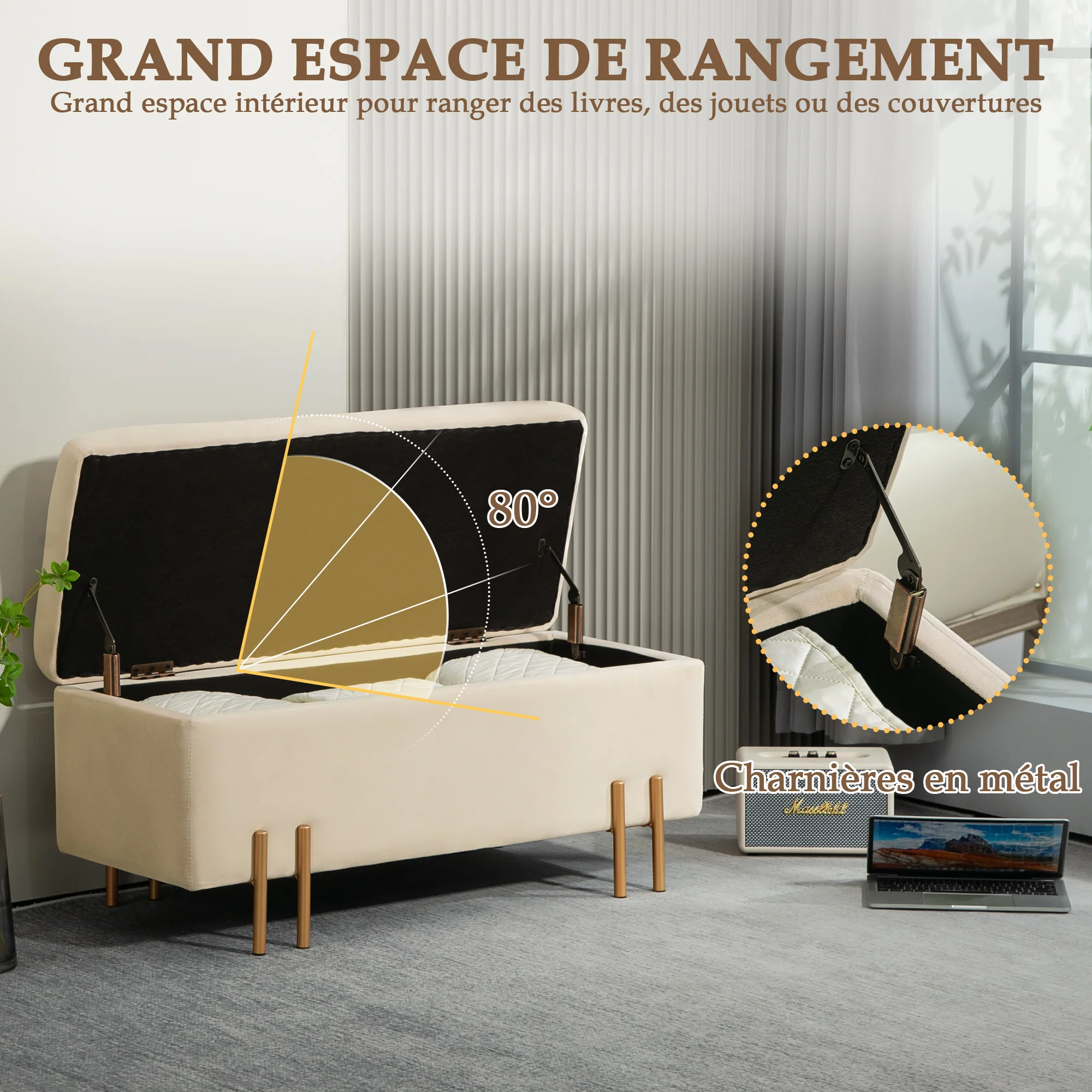 Banc de rangement coffre de rangement design contemporain- banc avec espace de stockage - dim. 100L x 40l x 42H cm - velours beige piètement métal doré - Image 5